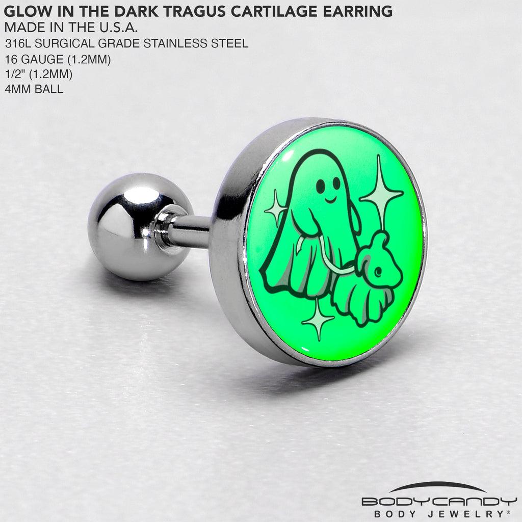BodyCandy 16G 1/4 Glow in the Dark Halloween Ghost Dog Walker Tragus Cartilage Earring by Onyx O — in-use photo