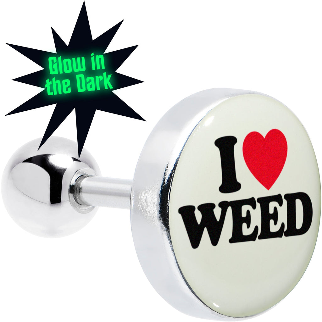 BodyCandy 16G 1/4 Glow in the Dark I Love Weed Tragus Cartilage Earring by Onyx O — main product shot
