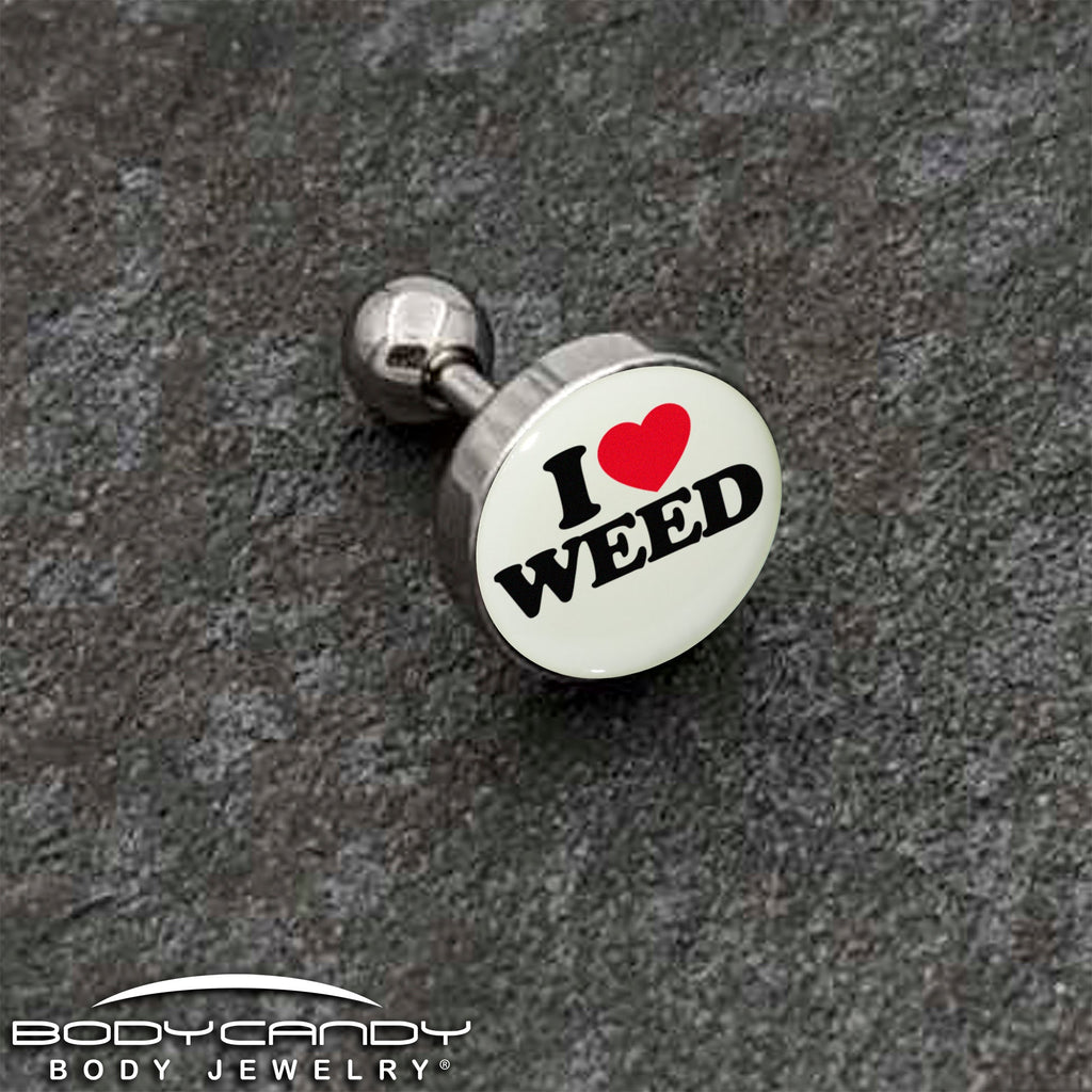 BodyCandy 16G 1/4 Glow in the Dark I Love Weed Tragus Cartilage Earring by Onyx O — back view