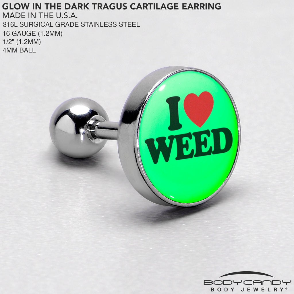 BodyCandy 16G 1/4 Glow in the Dark I Love Weed Tragus Cartilage Earring by Onyx O — in-use photo