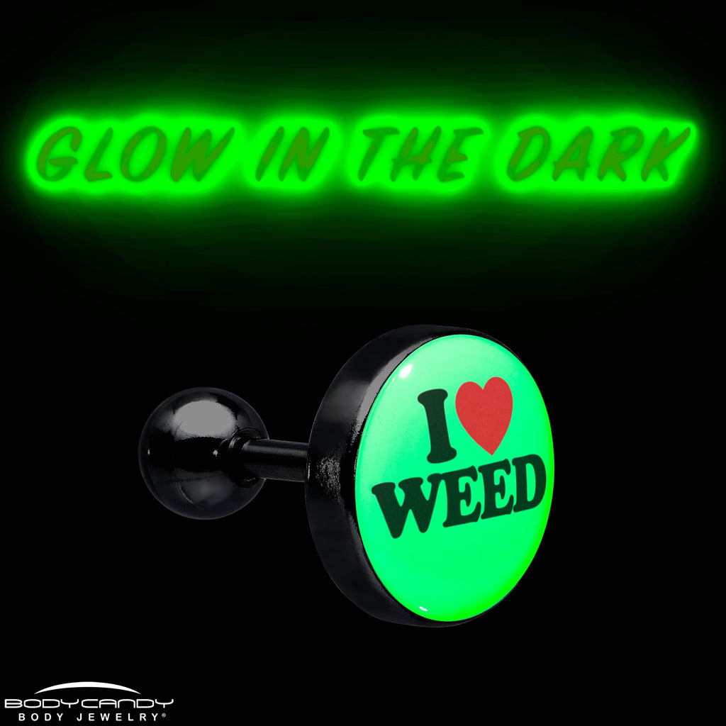 BodyCandy 16G 1/4 Glow in the Dark I Love Weed Tragus Cartilage Earring by Onyx O — size reference