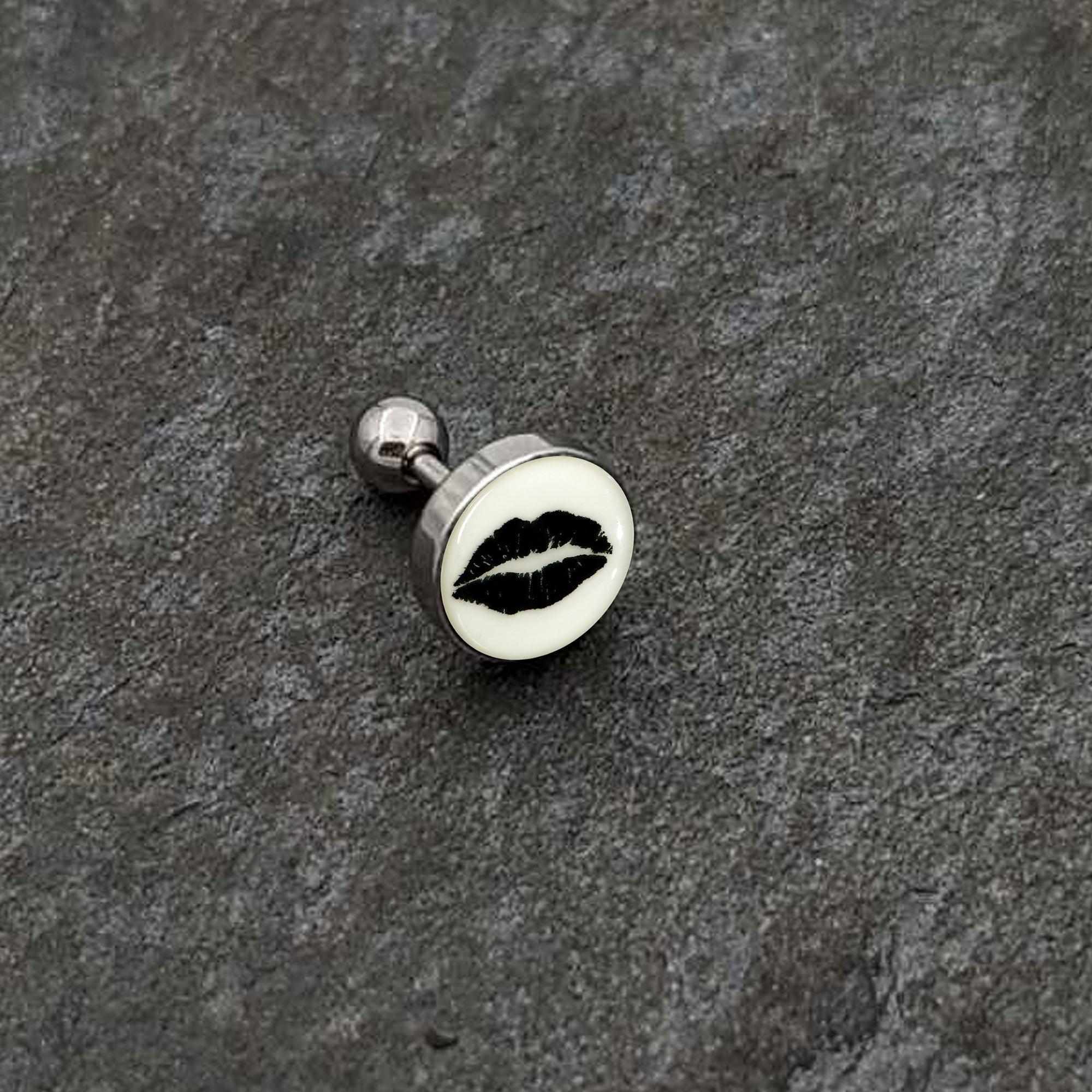 BodyCandy 16G 1/4 Lipstick Kiss Black Glow in the Dark Cartilage Earring by Onyx O — back view