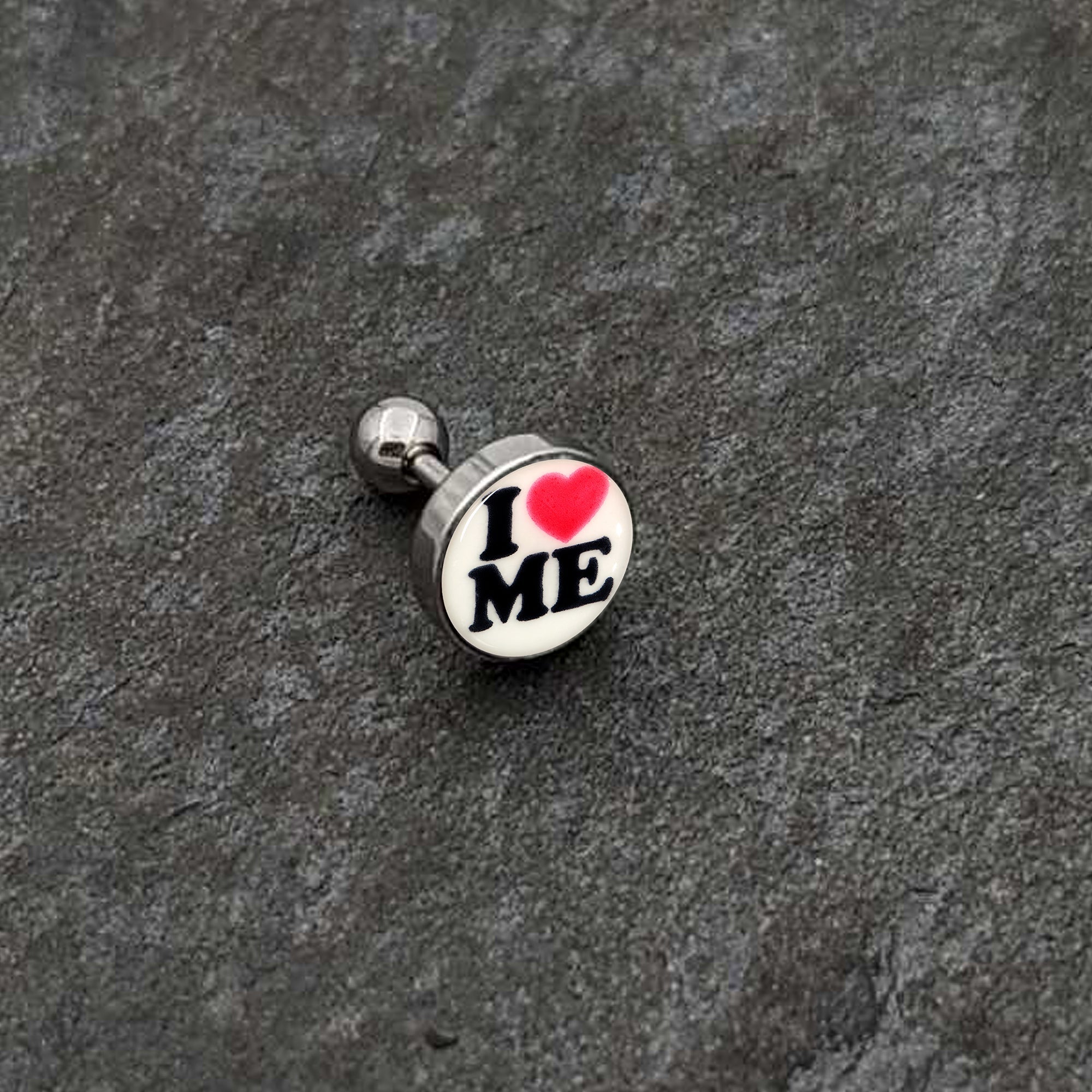 BodyCandy 16G 1/4 Glow in the Dark I Love Me Cartilage Tragus Earring — back view