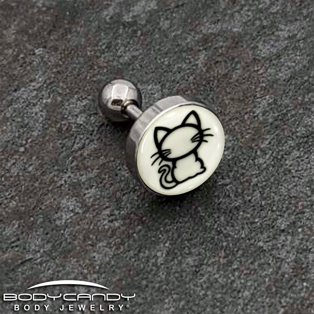 BodyCandy 16G 1/4 Glow in the Dark Kitty Cat Tragus Cartilage Earring by Onyx O — back view
