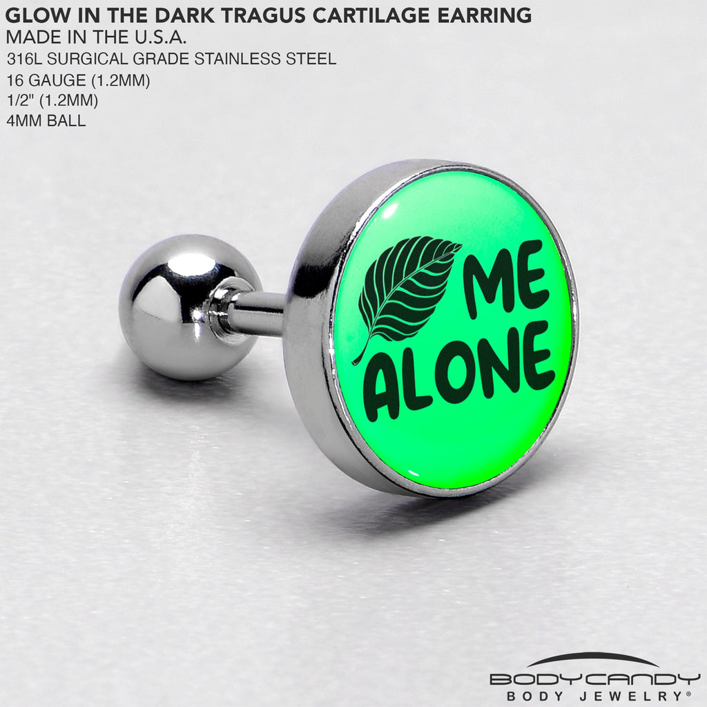 BodyCandy 16G 1/4 Glow in the Dark Leaf Me Alone Tragus Cartilage Earring by Onyx O — in-use photo