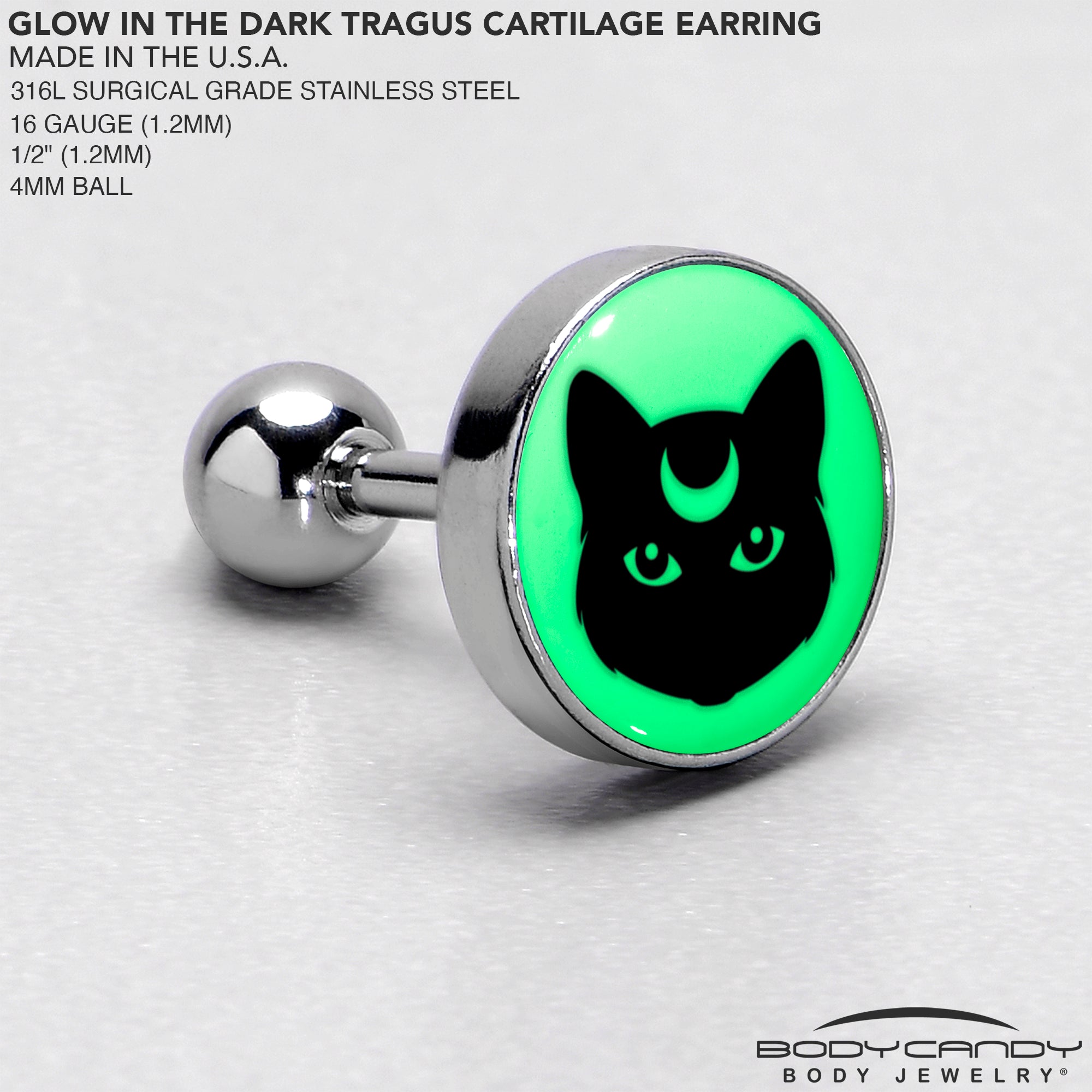 BodyCandy 16G 1/4 Glow in the Dark Mystic Kitty Cat Tragus Cartilage Earring by Onyx O — in-use photo