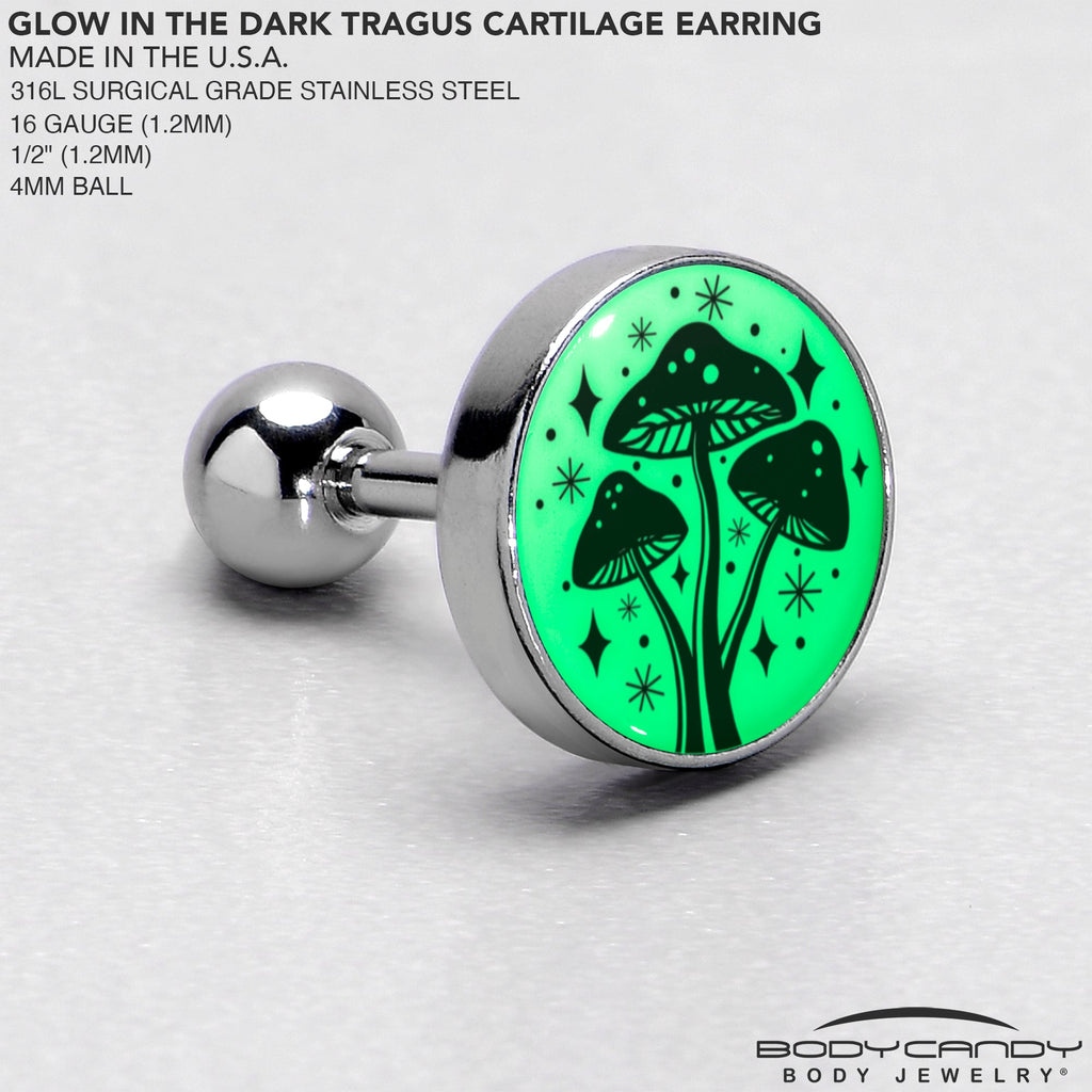 BodyCandy 16G 1/4 Glow in the Dark Mystic Mushroom Tragus Cartilage Earring by Onyx O — in-use photo
