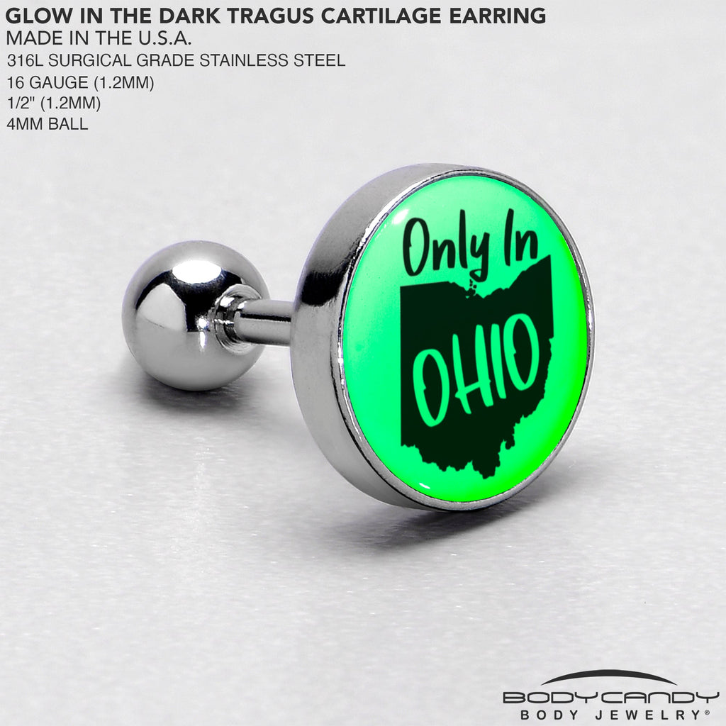 BodyCandy 16G 1/4 Glow in the Dark Only in Ohio Tragus Cartilage Earring by Onyx O — in-use photo