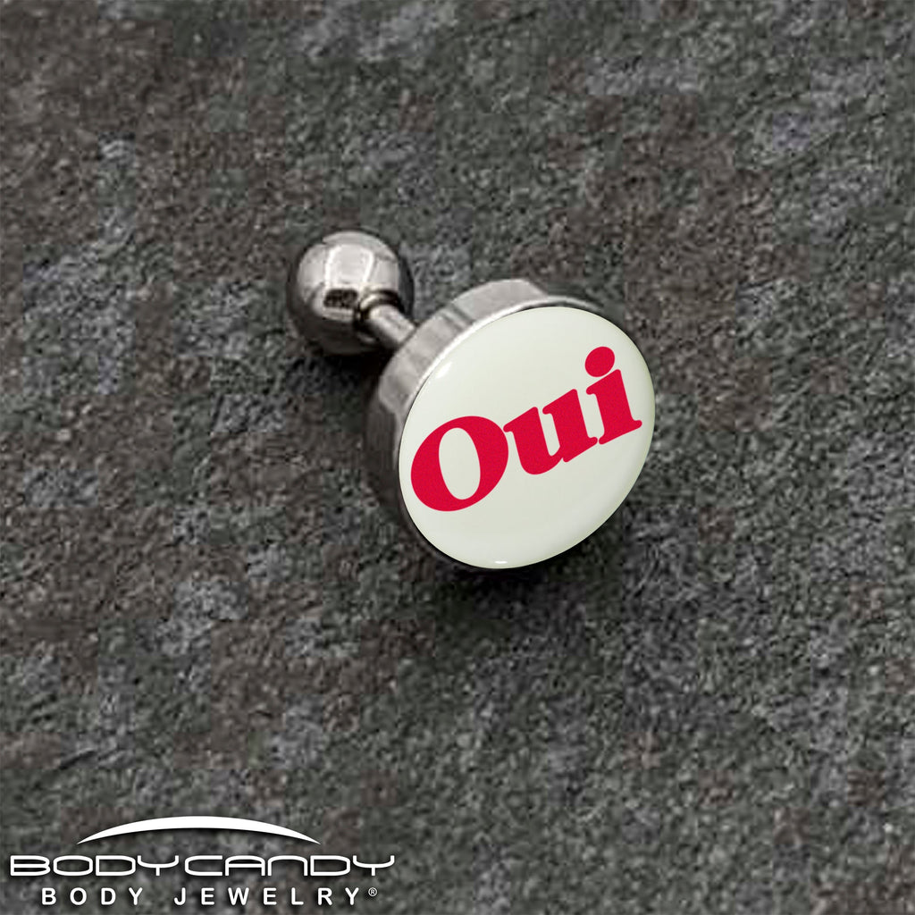 BodyCandy 16G 1/4 Glow in the Dark OUI Tragus Cartilage Earring by Onyx O — back view