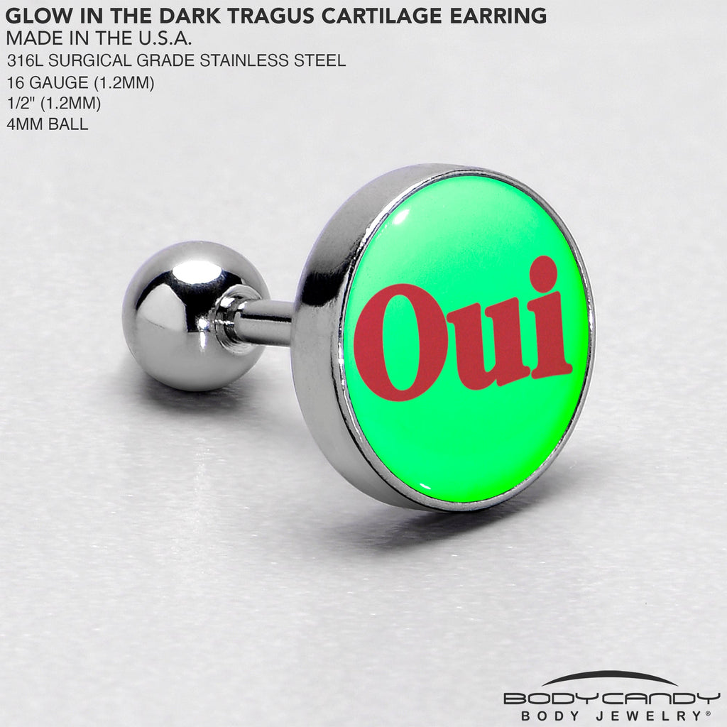 BodyCandy 16G 1/4 Glow in the Dark OUI Tragus Cartilage Earring by Onyx O — in-use photo