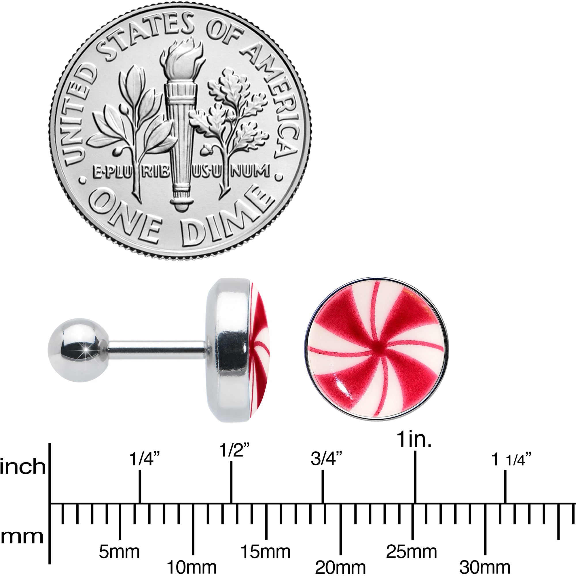 BodyCandy 16G Glow in the Dark Holiday Peppermint Candy Tragus Cartilage Earring by Onyx O — side view