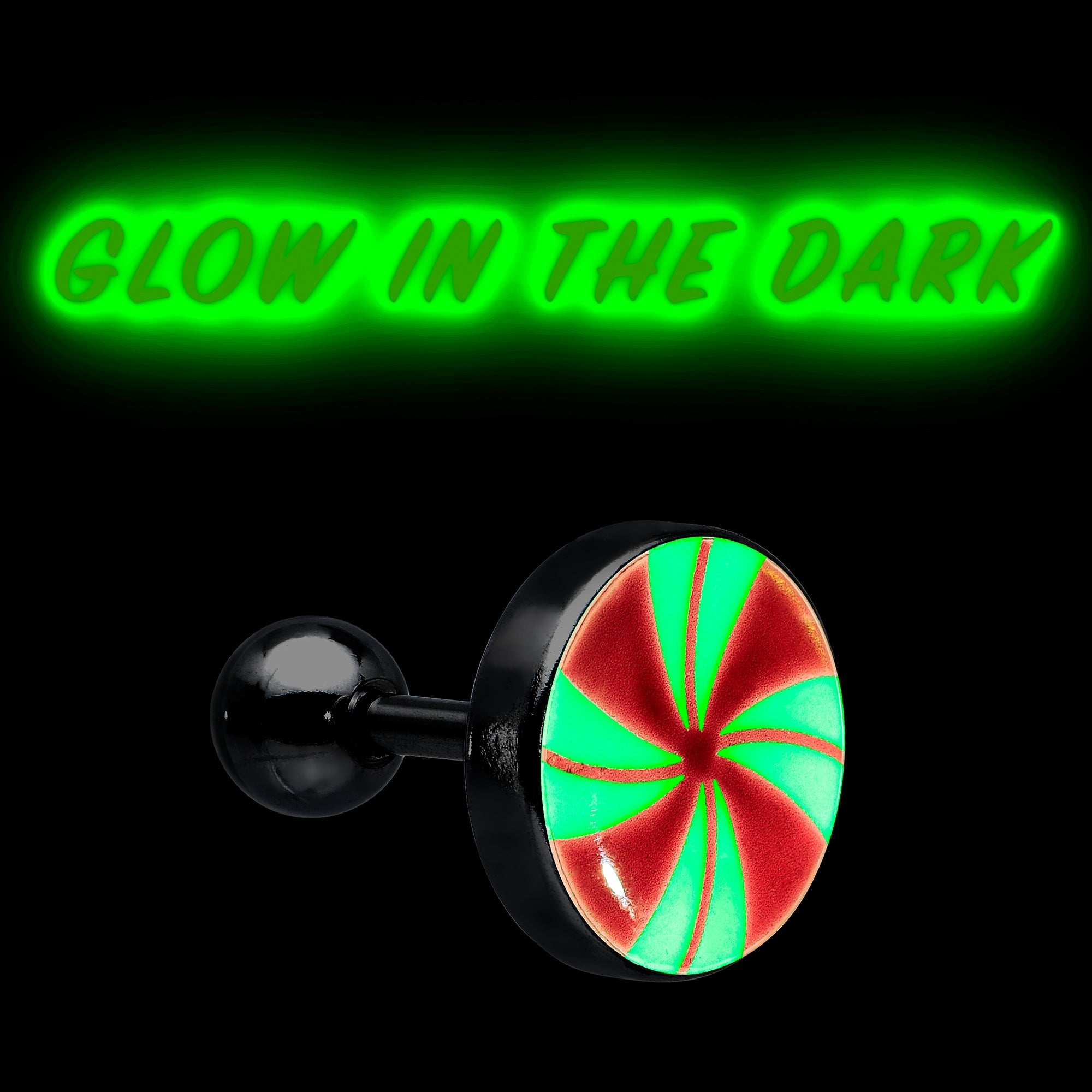 BodyCandy 16G Glow in the Dark Holiday Peppermint Candy Tragus Cartilage Earring by Onyx O — in-use photo