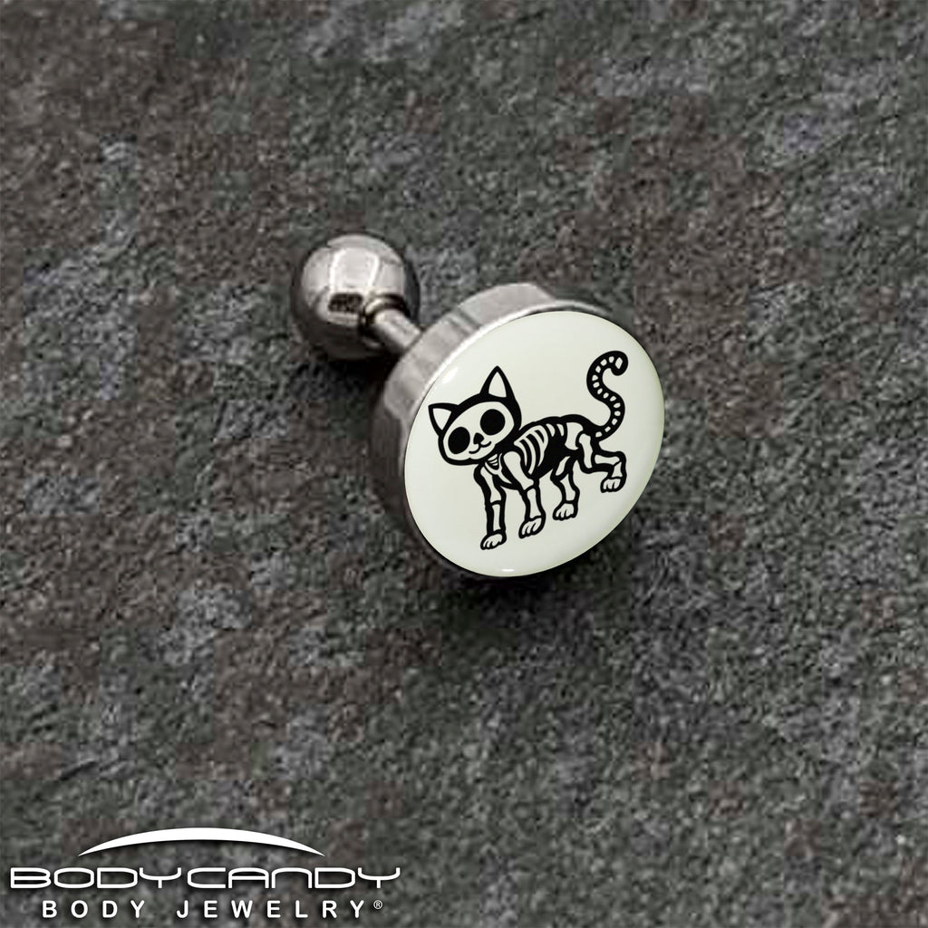 BodyCandy 16G 1/4 Glow in the Dark Skeleton Kitty Cat Tragus Cartilage Earring by Onyx O — back view