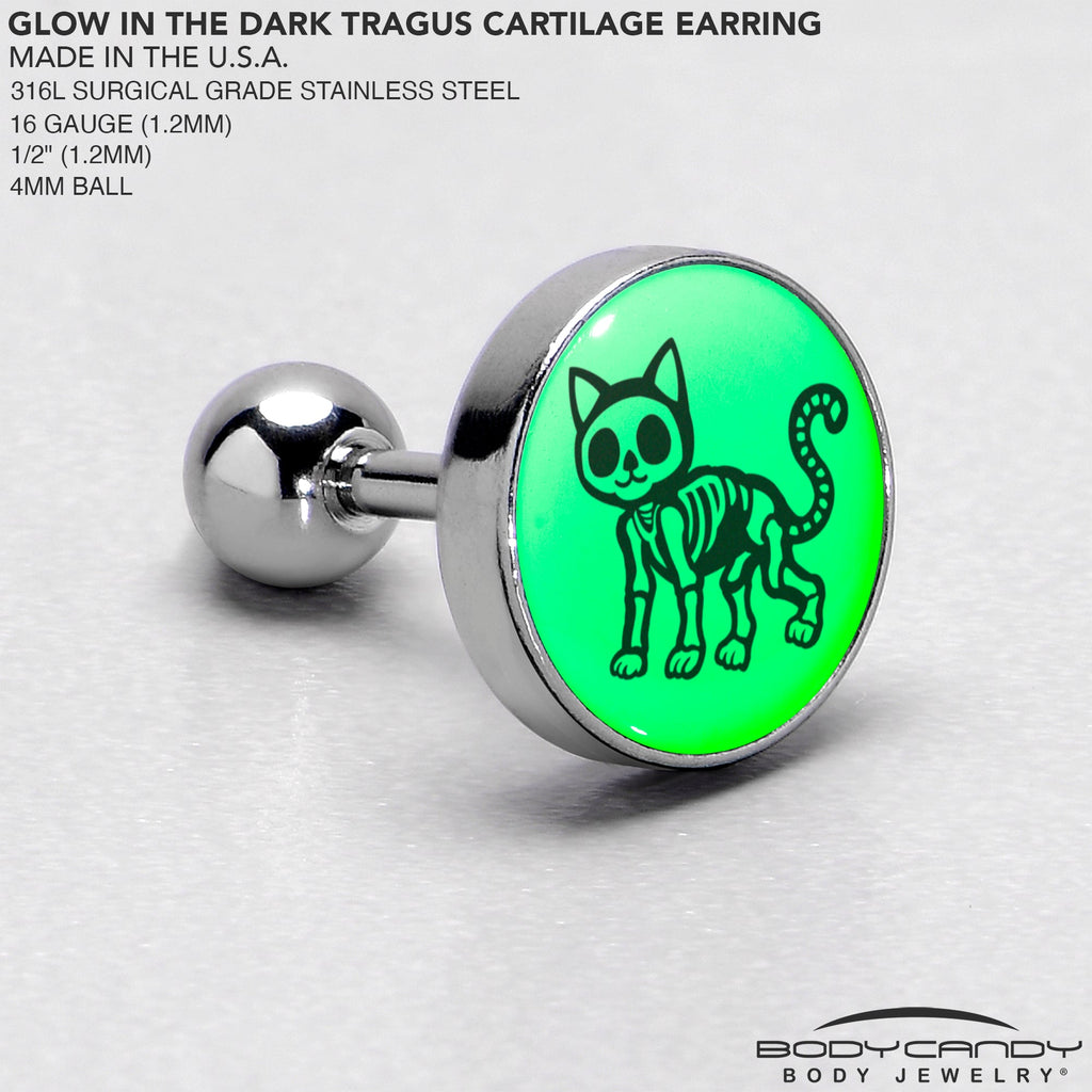 BodyCandy 16G 1/4 Glow in the Dark Skeleton Kitty Cat Tragus Cartilage Earring by Onyx O — in-use photo