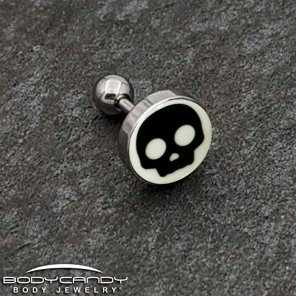BodyCandy 16G 1/4 Glow in the Dark Simple Skull Tragus Cartilage Earring by Onyx O — back view