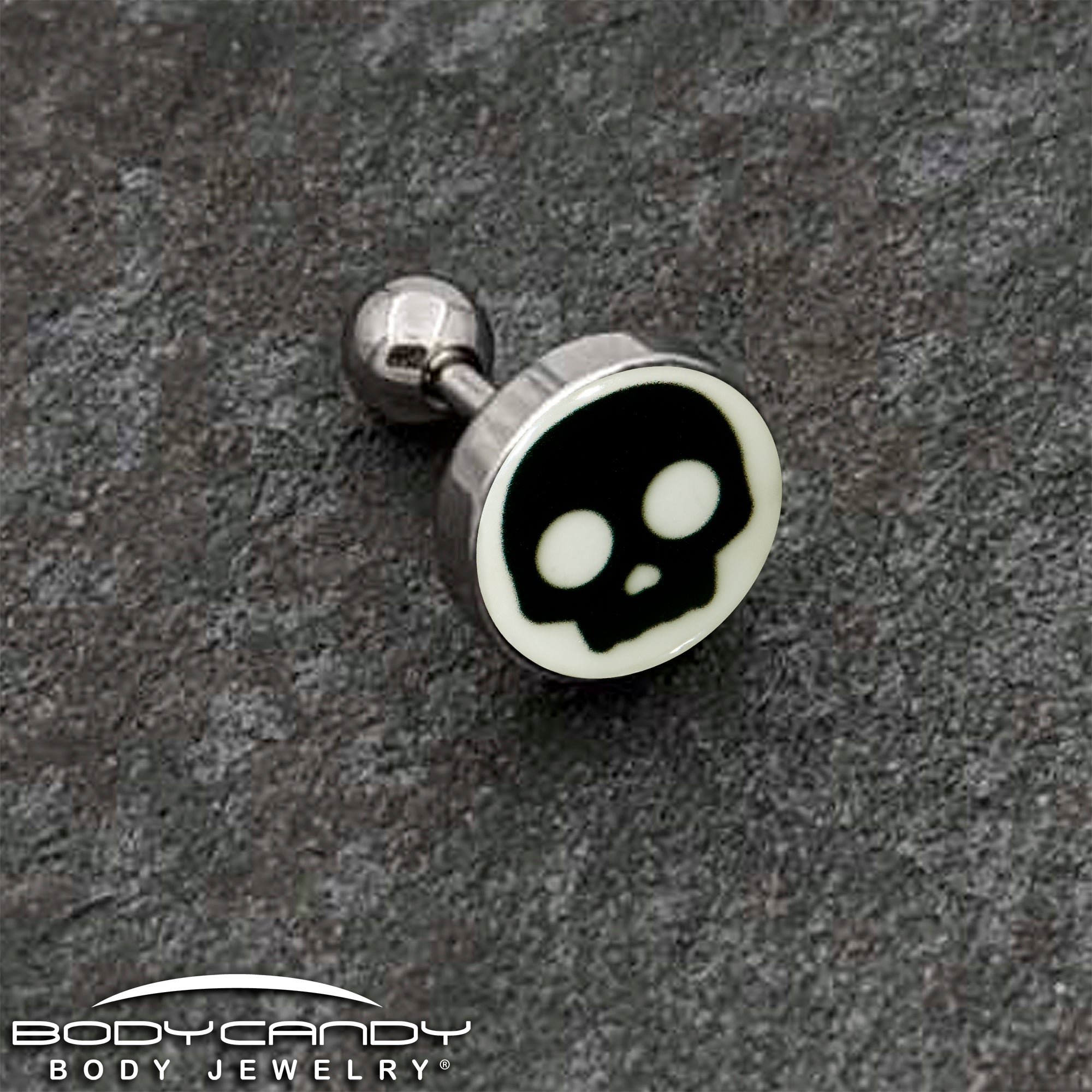 BodyCandy 16G 1/4 Glow in the Dark Simple Skull Tragus Cartilage Earring by Onyx O — back view