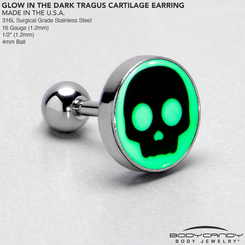 BodyCandy 16G 1/4 Glow in the Dark Simple Skull Tragus Cartilage Earring by Onyx O — in-use photo