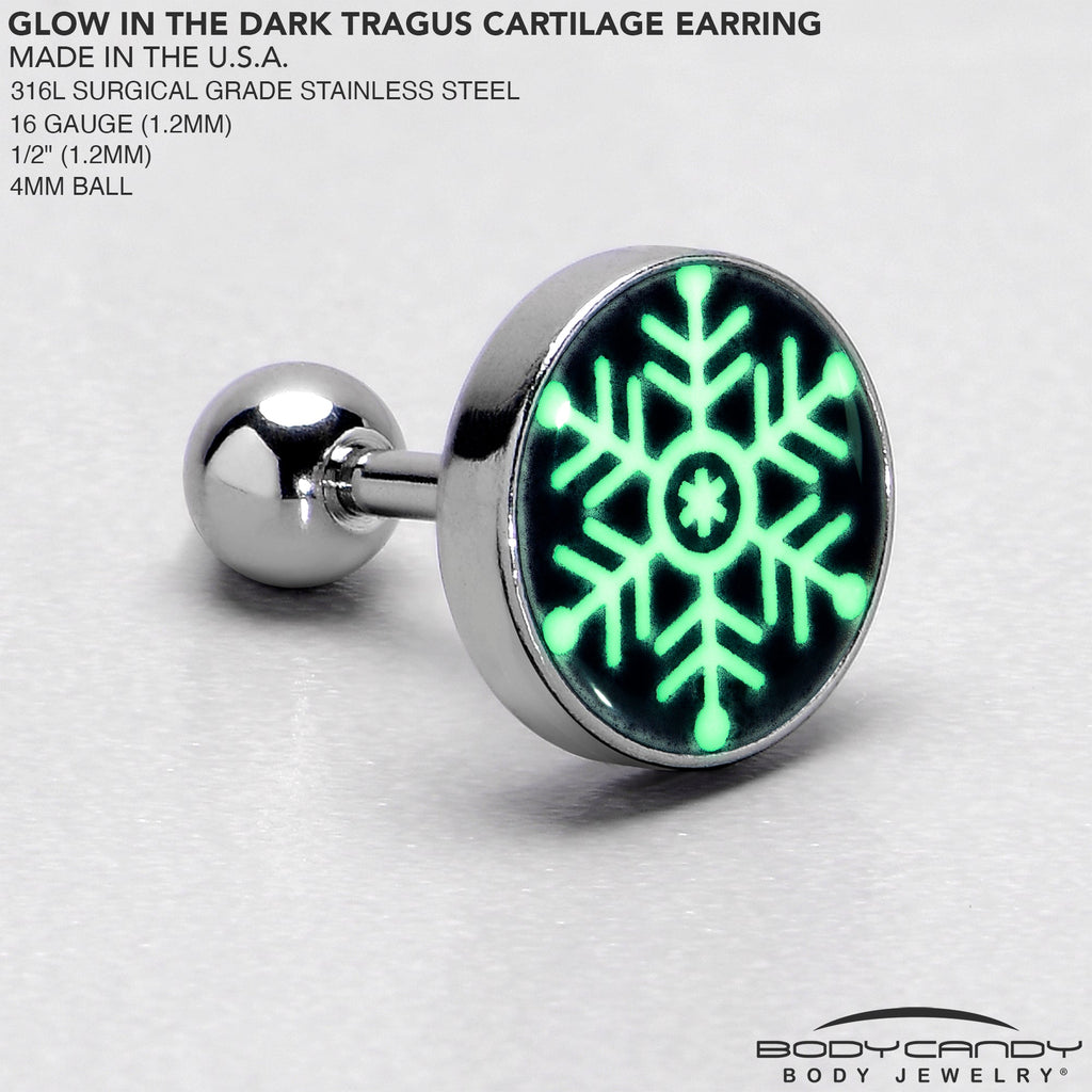 BodyCandy Glow in the Dark Holiday Snowflake Tragus Cartilage Earring by Onyx O — in-use photo