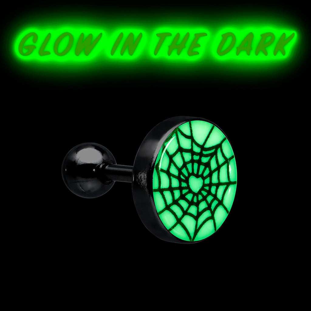 BodyCandy 16G 1/4 Glow in the Dark Heart Spider Web Cartilage Tragus Earring — detail close-up