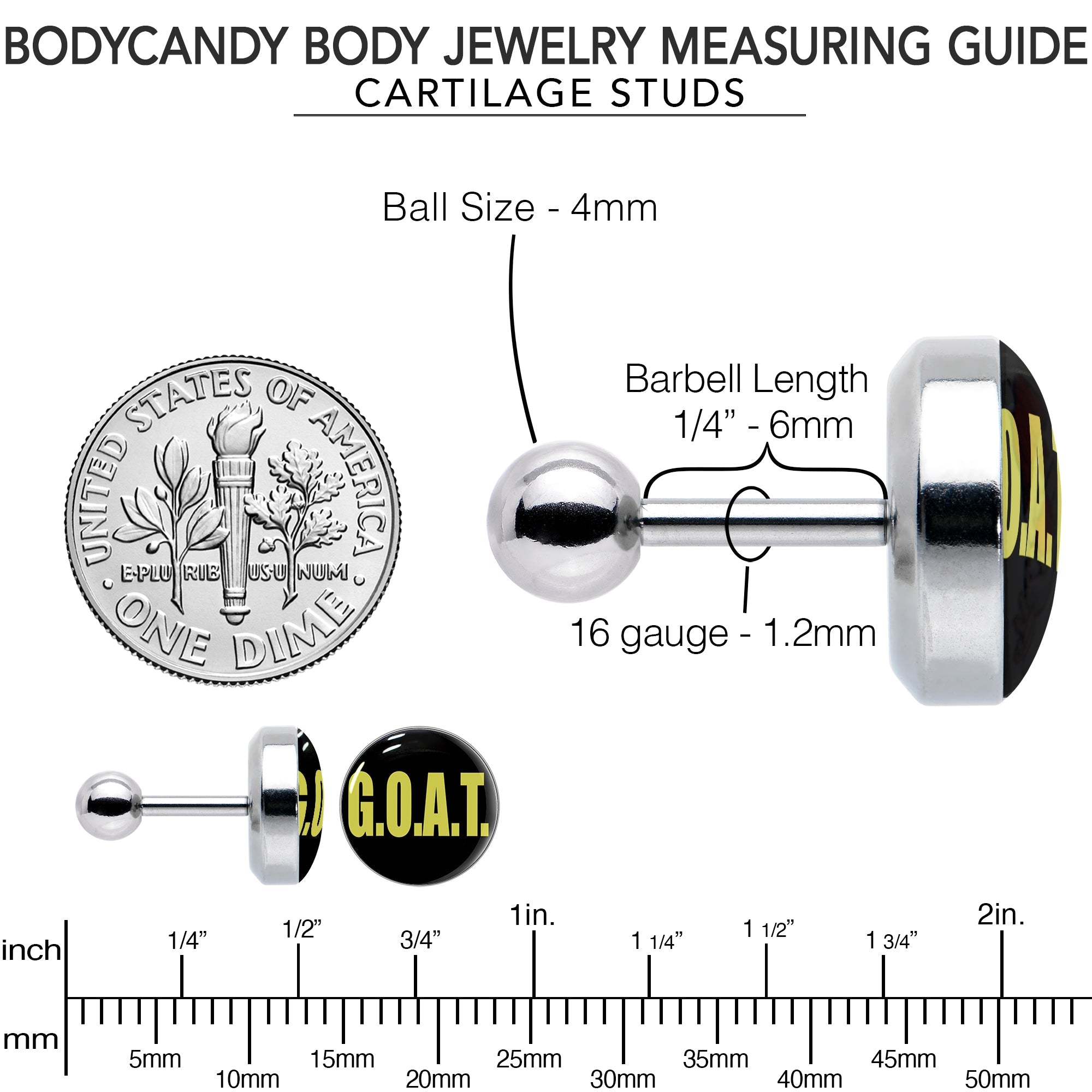 BodyCandy 16G 1/4 G.O.A.T. Cartilage Tragus Earring by Onyx O — size reference