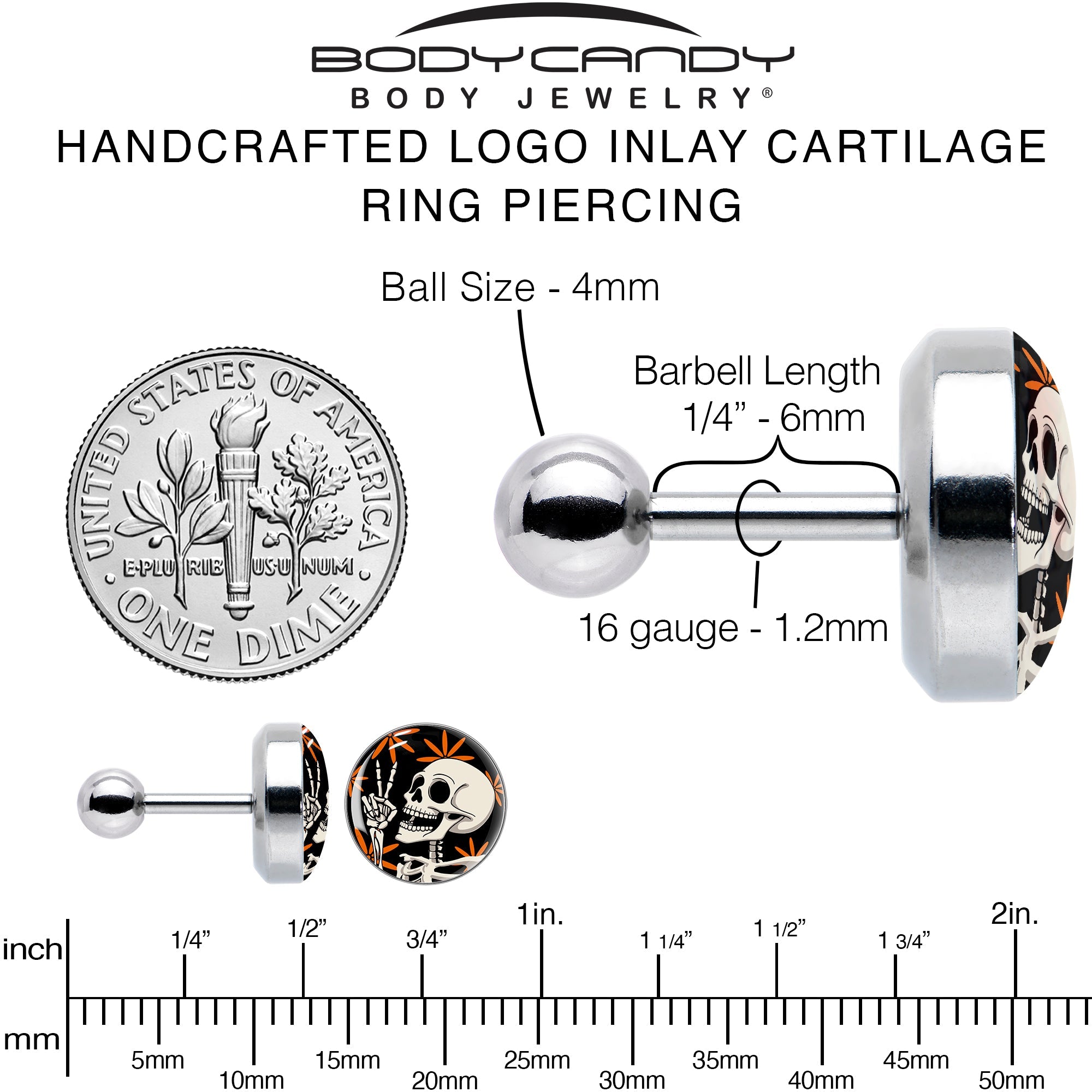 BodyCandy 16G 1/4 Peace Sign Skeleton Tragus Cartilage Earring by Onyx O — alternative angle