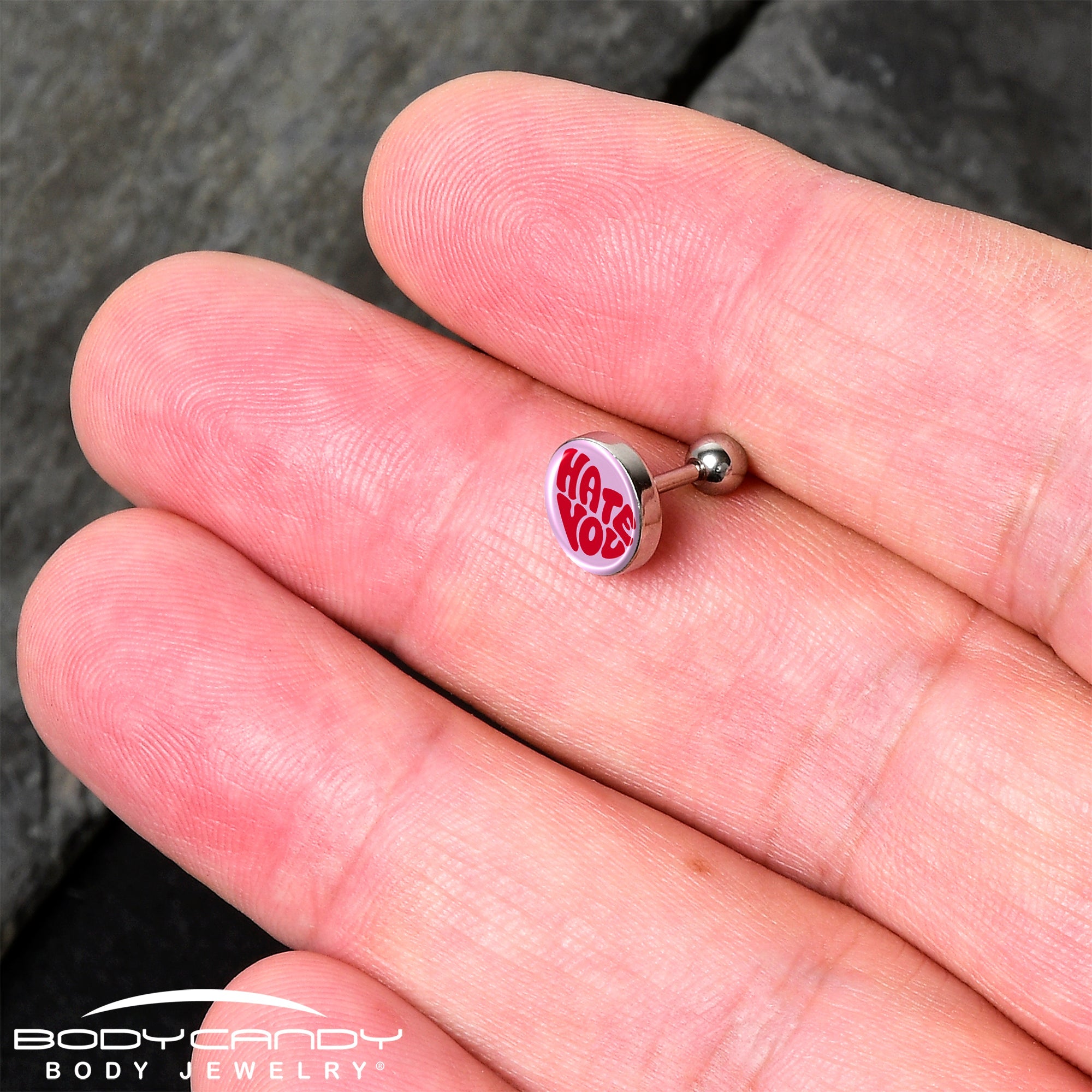 BodyCandy 16G 1/4 Retro Text Hate You Tragus Cartilage Earring by Onyx O — detail close-up