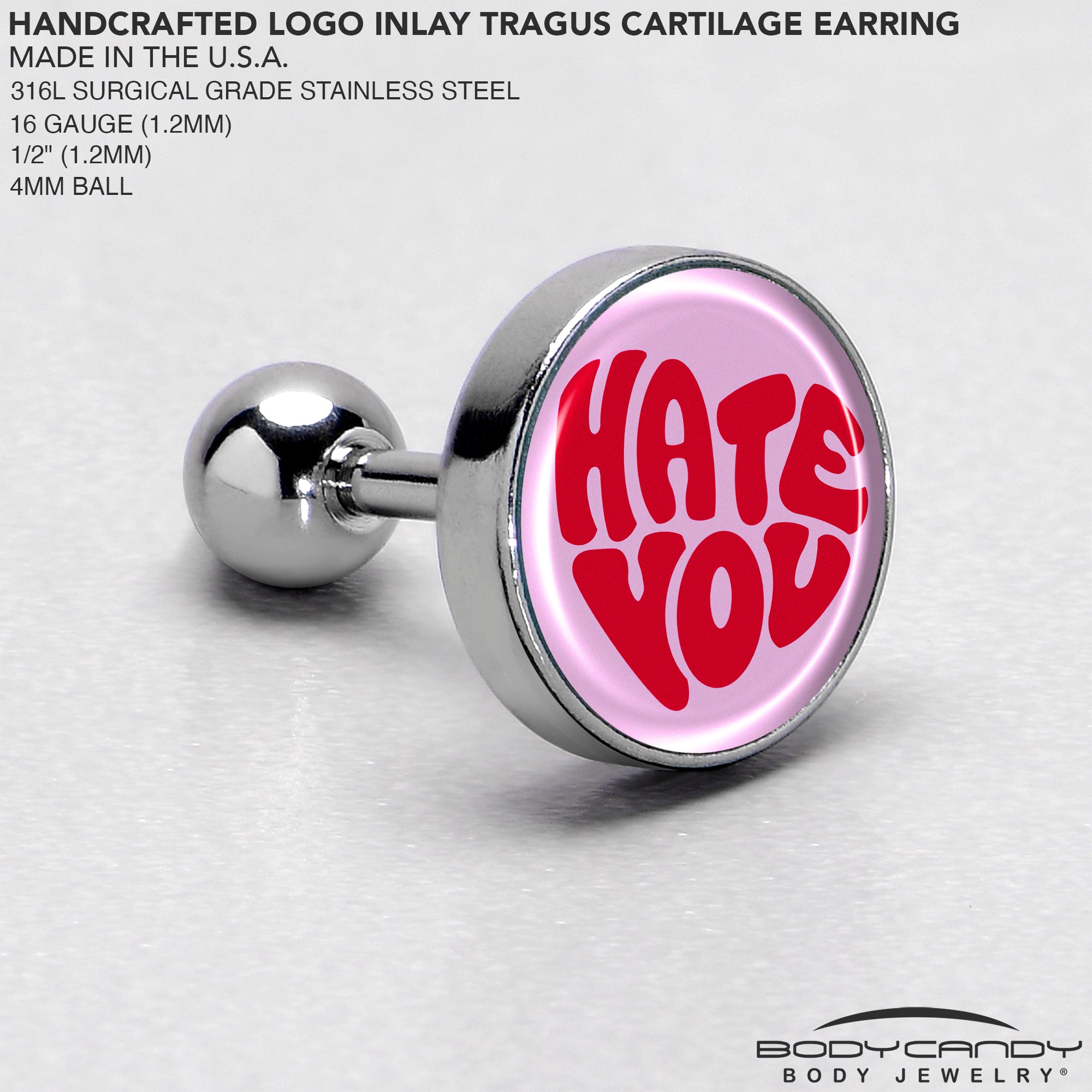 BodyCandy 16G 1/4 Retro Text Hate You Tragus Cartilage Earring by Onyx O — side view