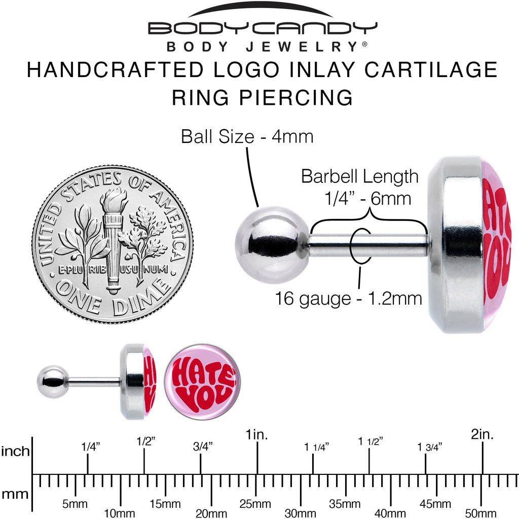 BodyCandy 16G 1/4 Retro Text Hate You Tragus Cartilage Earring by Onyx O — alternative angle