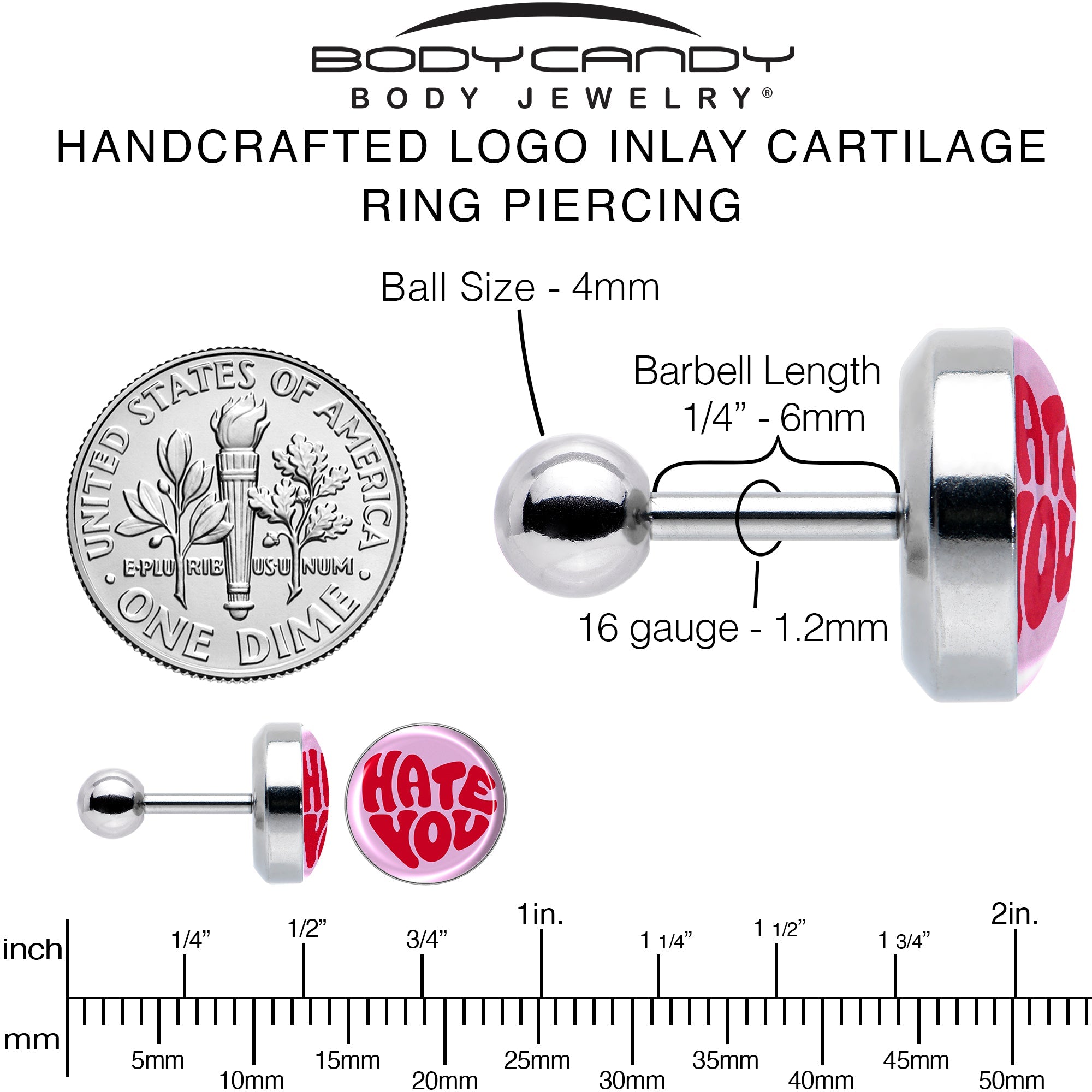 BodyCandy 16G 1/4 Retro Text Hate You Tragus Cartilage Earring by Onyx O — alternative angle