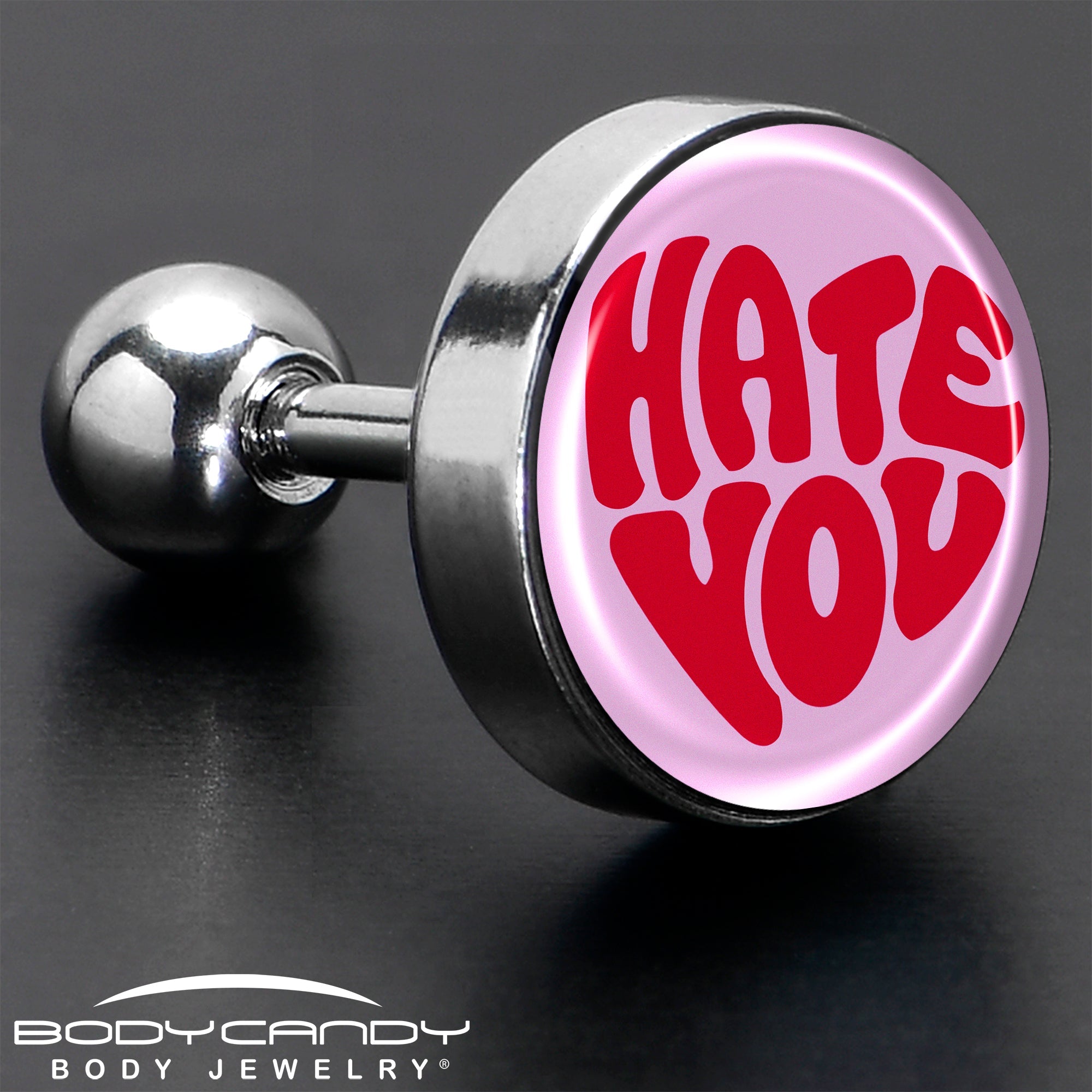 BodyCandy 16G 1/4 Retro Text Hate You Tragus Cartilage Earring by Onyx O — in-use photo