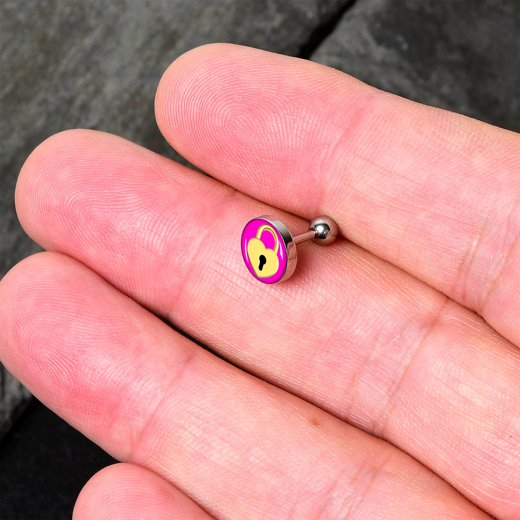 BodyCandy 16G 1/4 Heart Lock Cartilage Tragus Earring by Onyx O — detail close-up