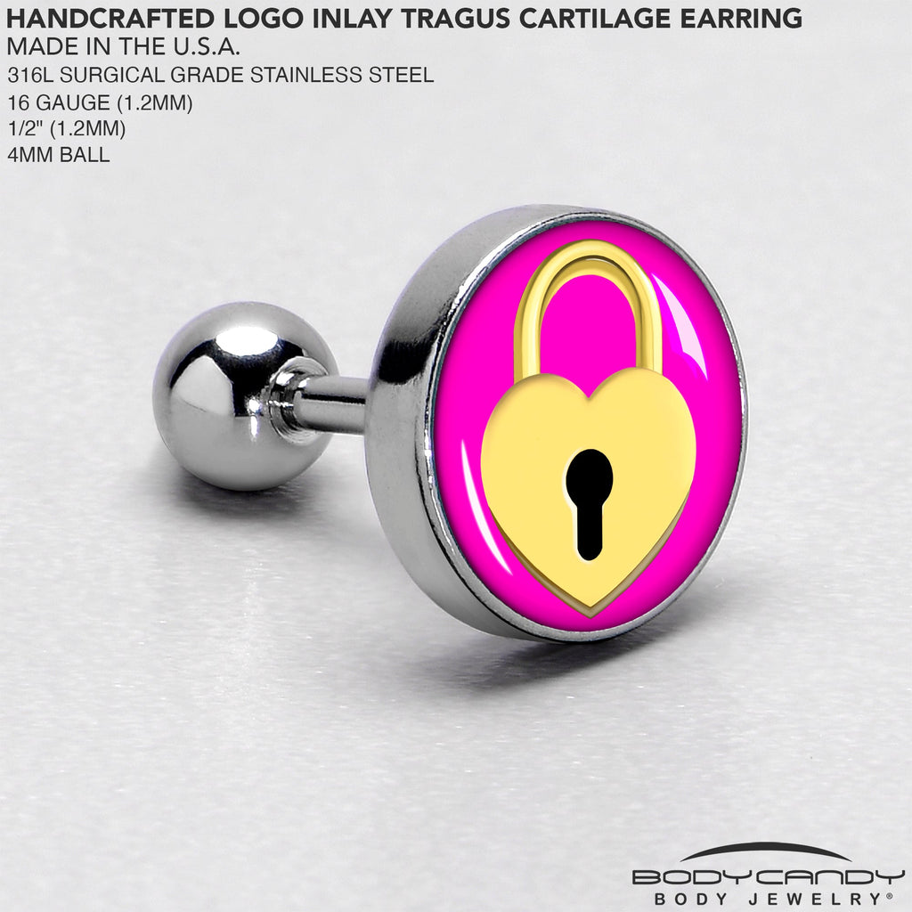 BodyCandy 16G 1/4 Heart Lock Cartilage Tragus Earring by Onyx O — side view