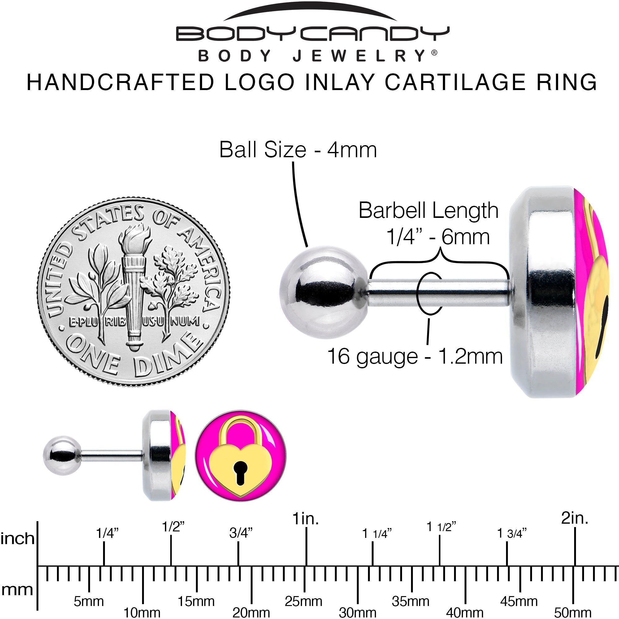 BodyCandy 16G 1/4 Heart Lock Cartilage Tragus Earring by Onyx O — alternative angle