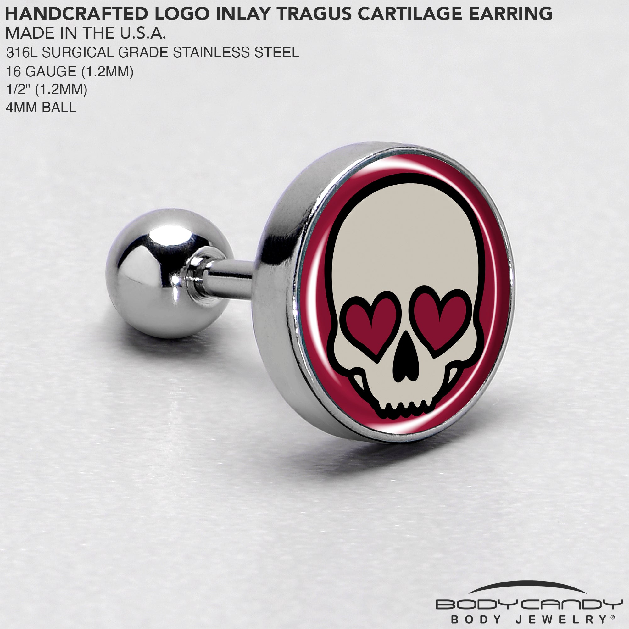 BodyCandy 16G Valentine Heart Skull Tragus Cartilage Earring — side view