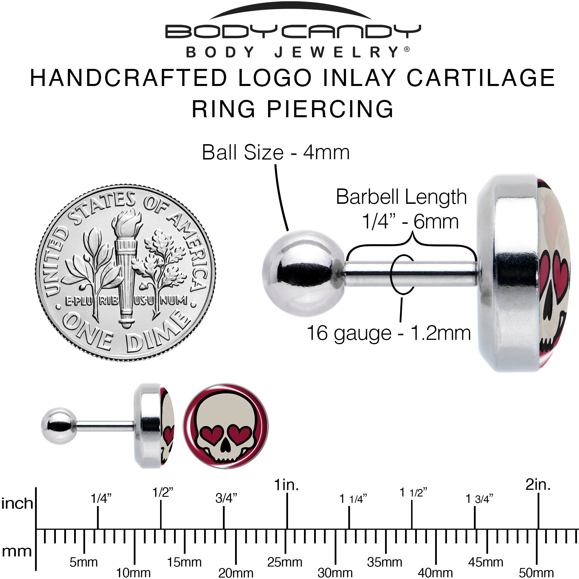 BodyCandy 16G Valentine Heart Skull Tragus Cartilage Earring — alternative angle