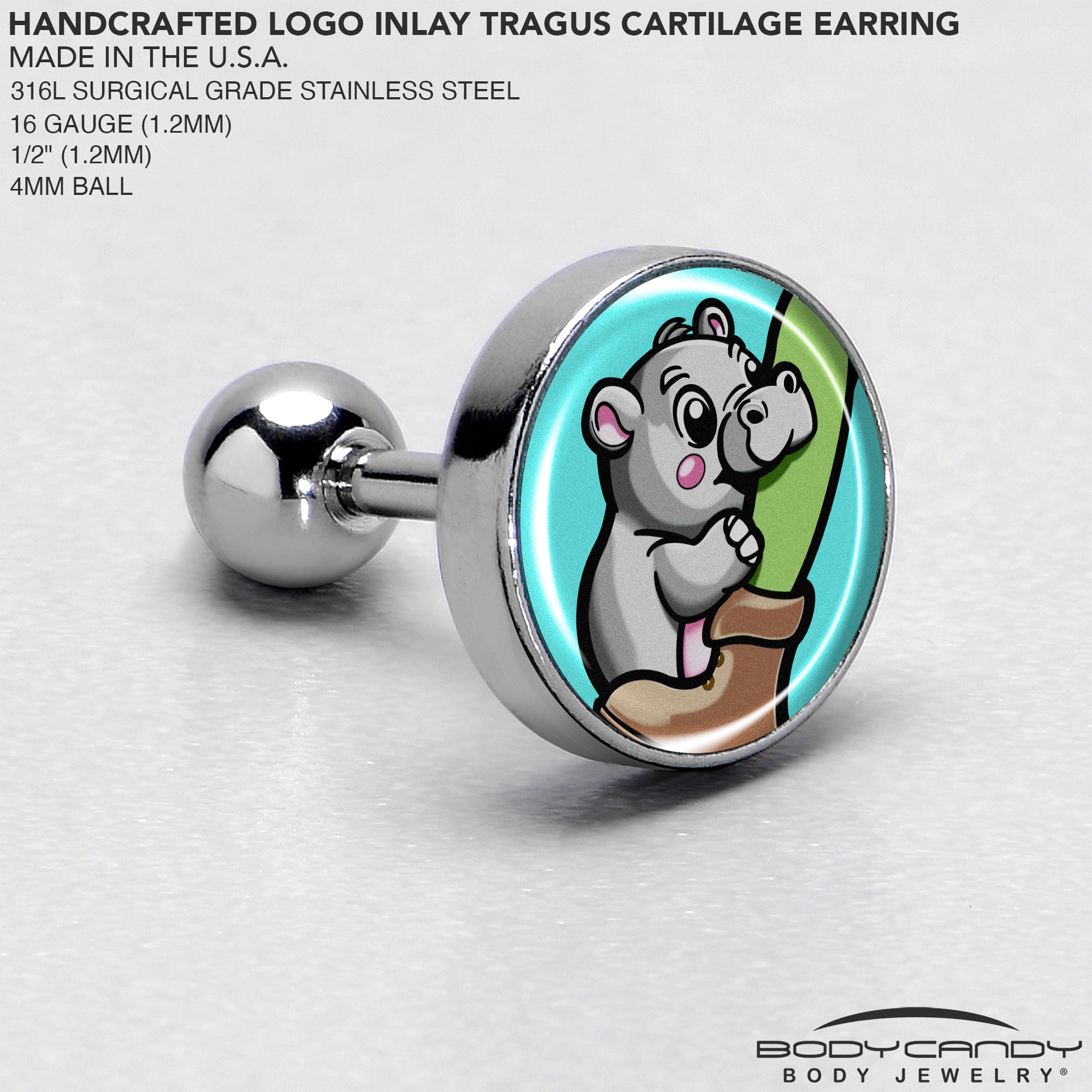 BodyCandy 16G 1/4 Cute Biting Baby Hippo Cartilage Tragus Earring — side view