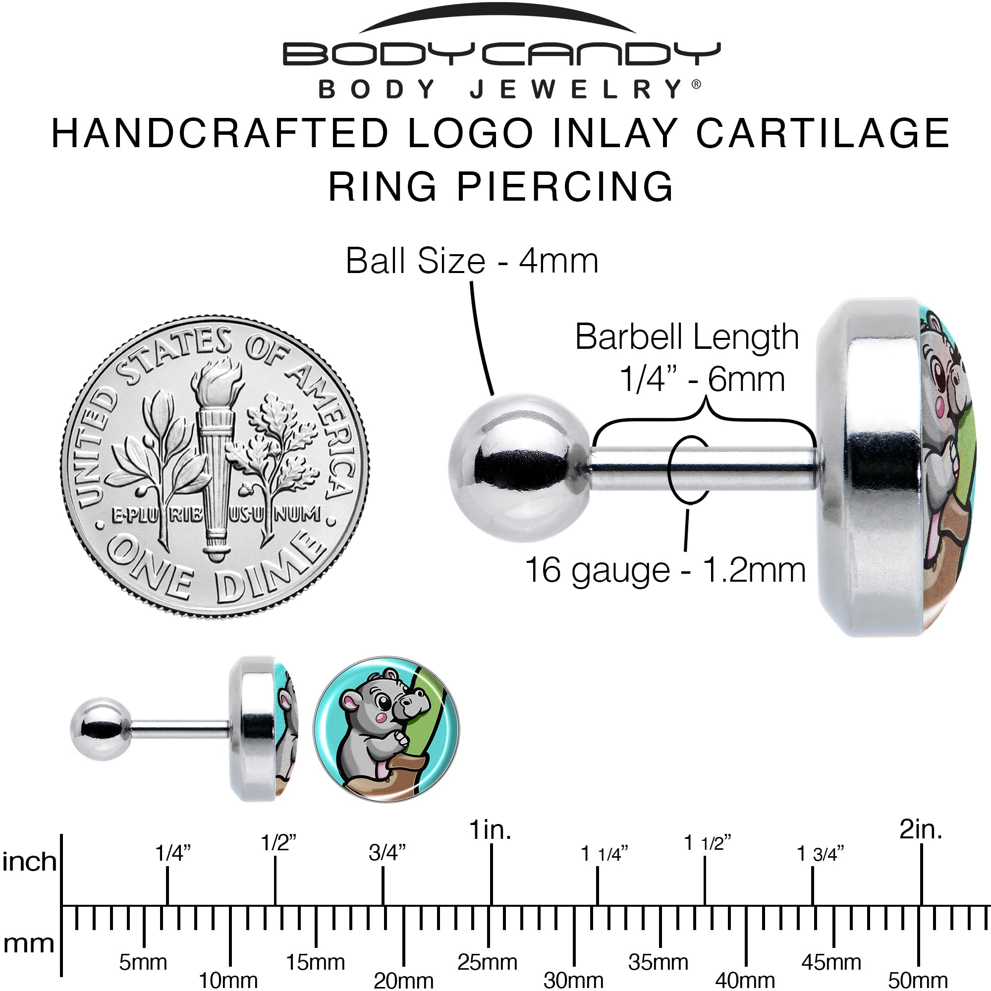 BodyCandy 16G 1/4 Cute Biting Baby Hippo Cartilage Tragus Earring — alternative angle