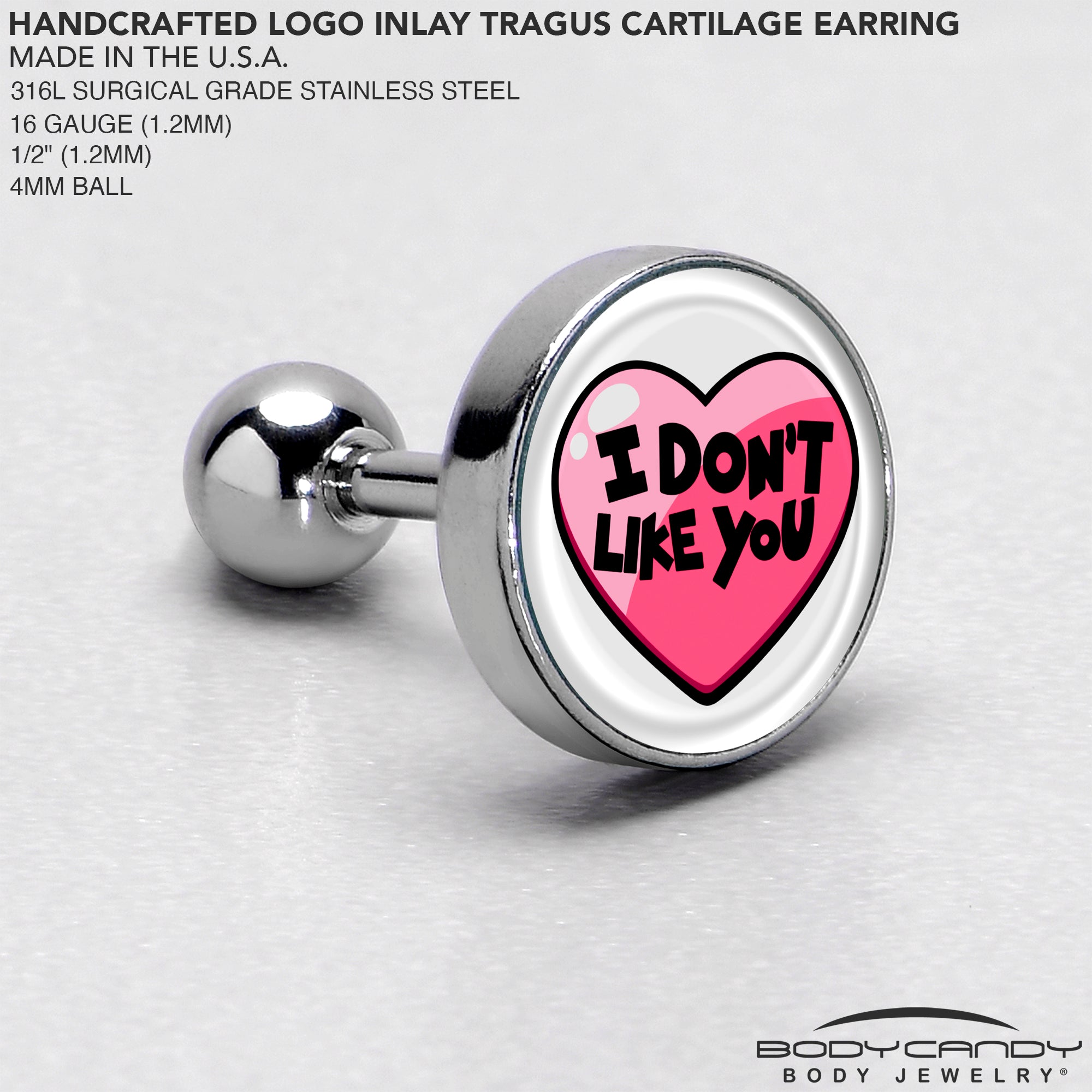 BodyCandy 16GI Don't Like You Valentine Heart Tragus Cartilage Earring — side view