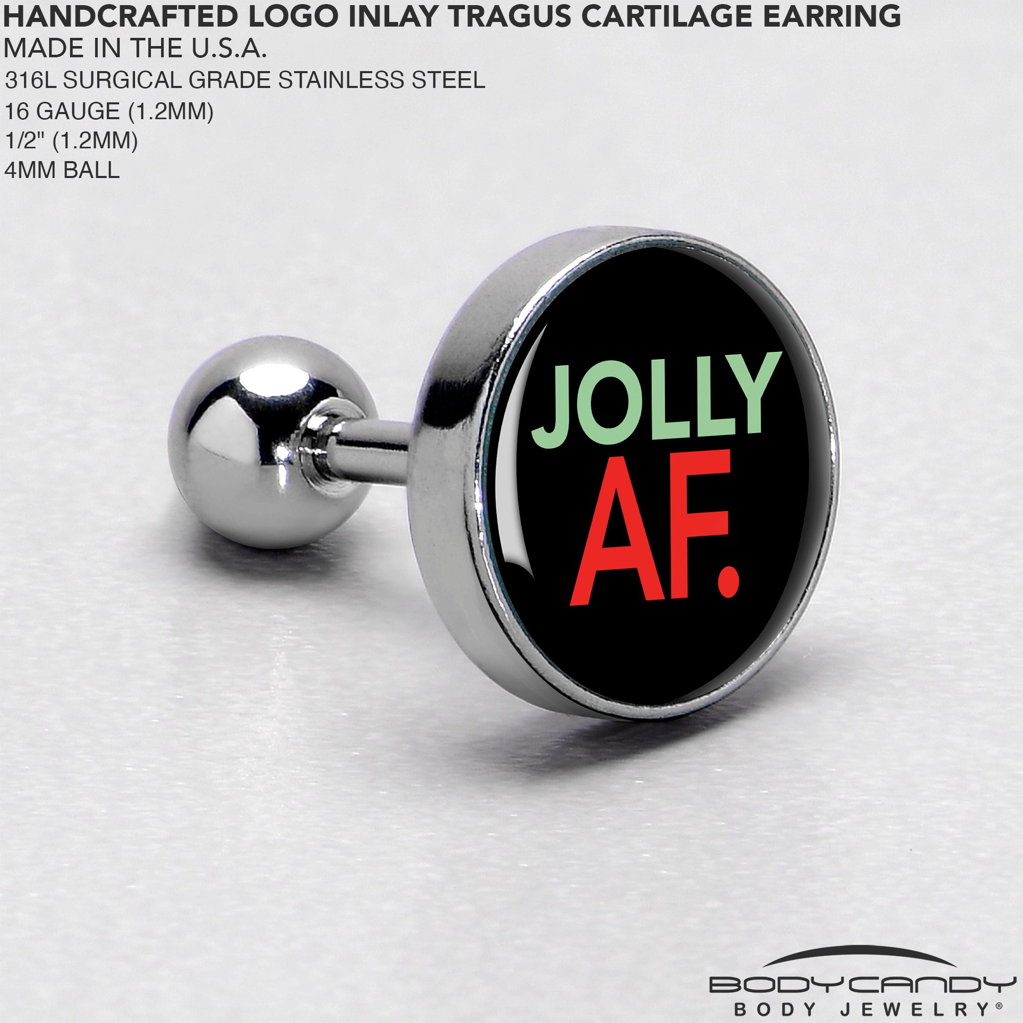 BodyCandy 16G 1/4 Jolly AF Festive Holiday Tragus Cartilage Earring by Onyx O — side view