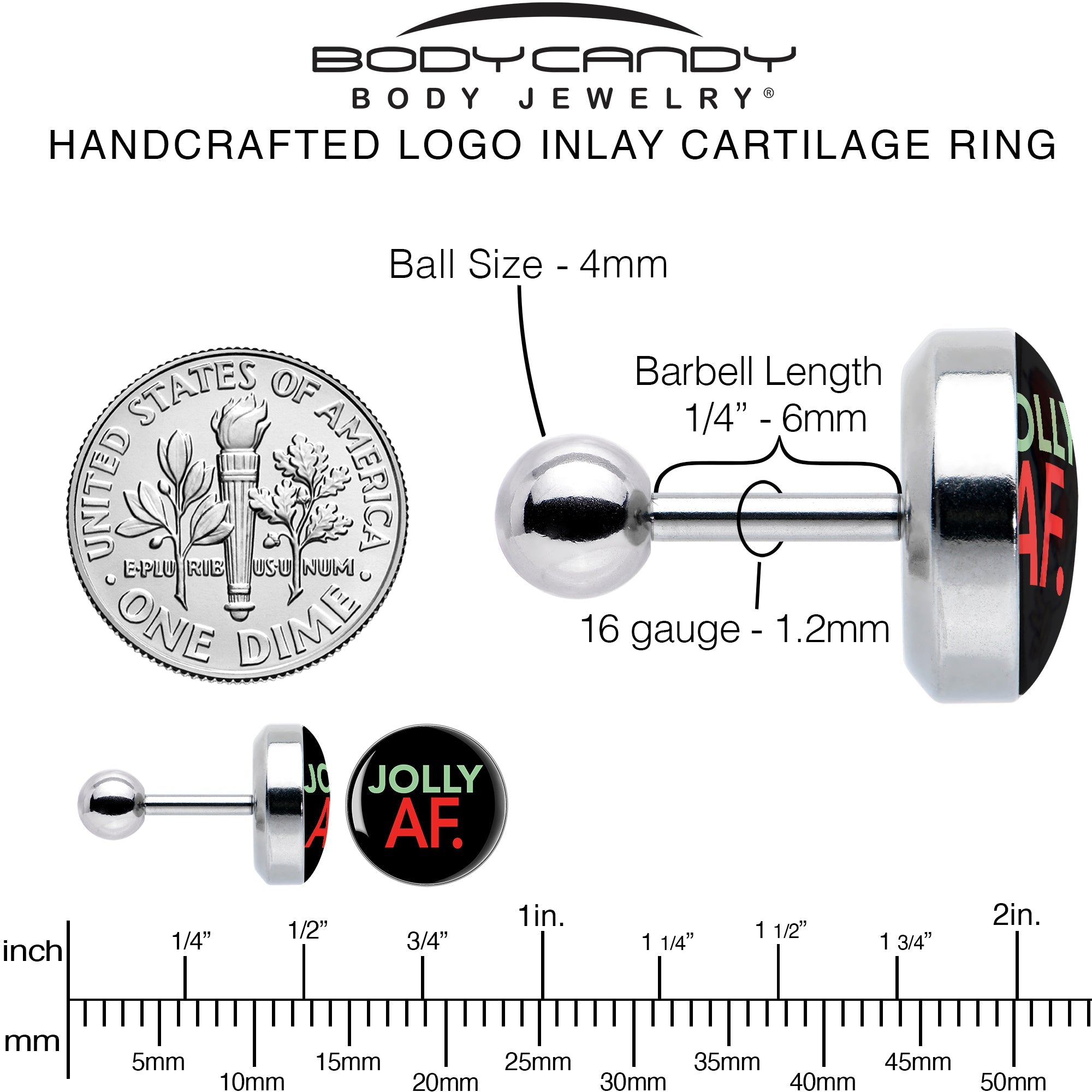 BodyCandy 16G 1/4 Jolly AF Festive Holiday Tragus Cartilage Earring by Onyx O — alternative angle
