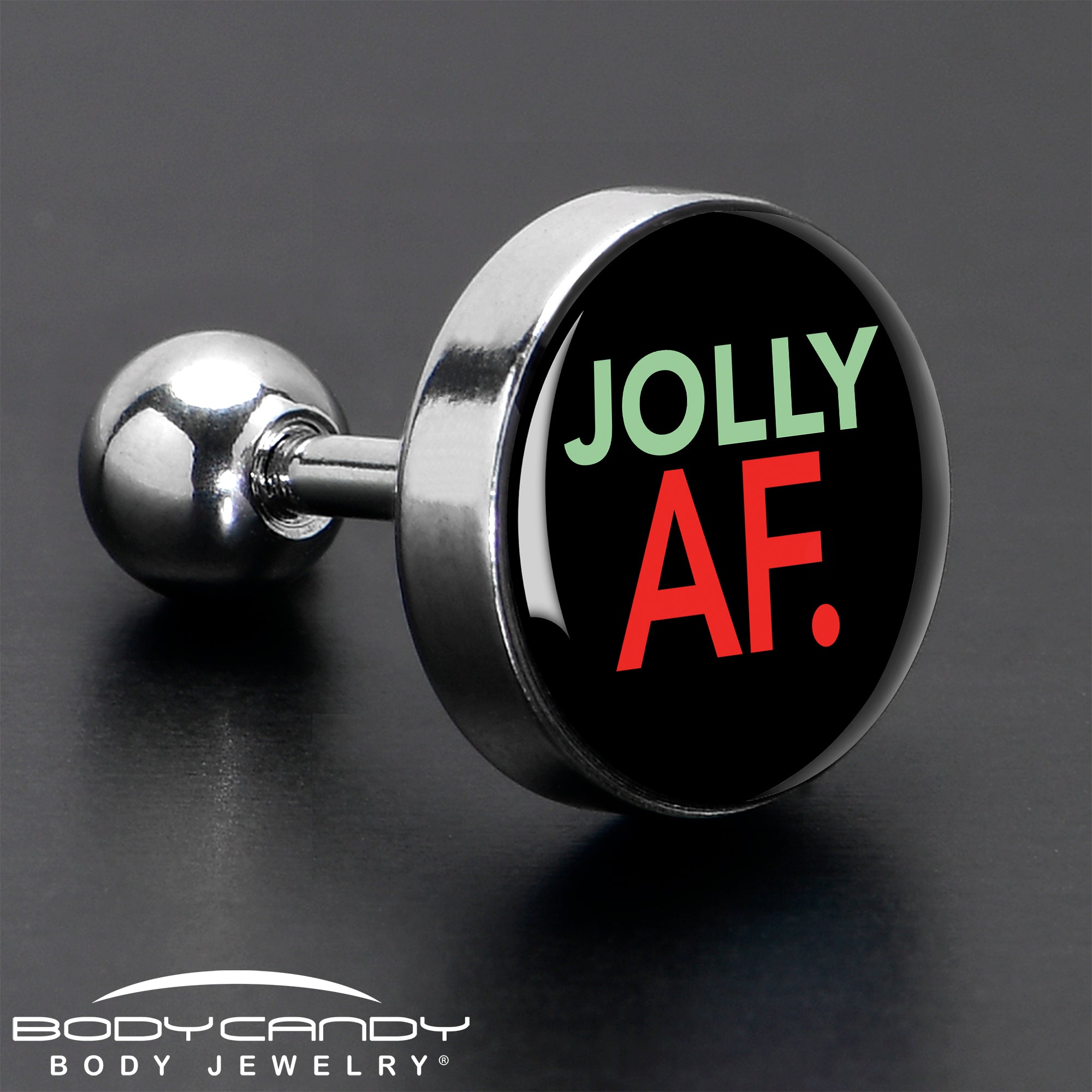 BodyCandy 16G 1/4 Jolly AF Festive Holiday Tragus Cartilage Earring by Onyx O — in-use photo
