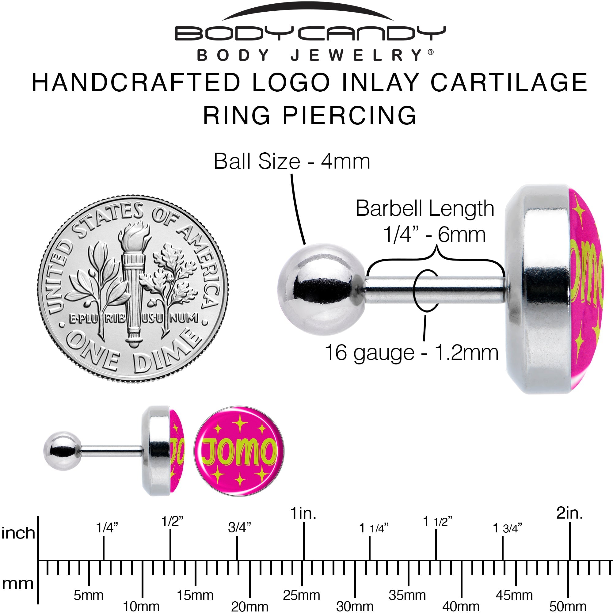 BodyCandy 16G 1/4 Pink JOMO Tragus Cartilage Earring by Onyx O — alternative angle