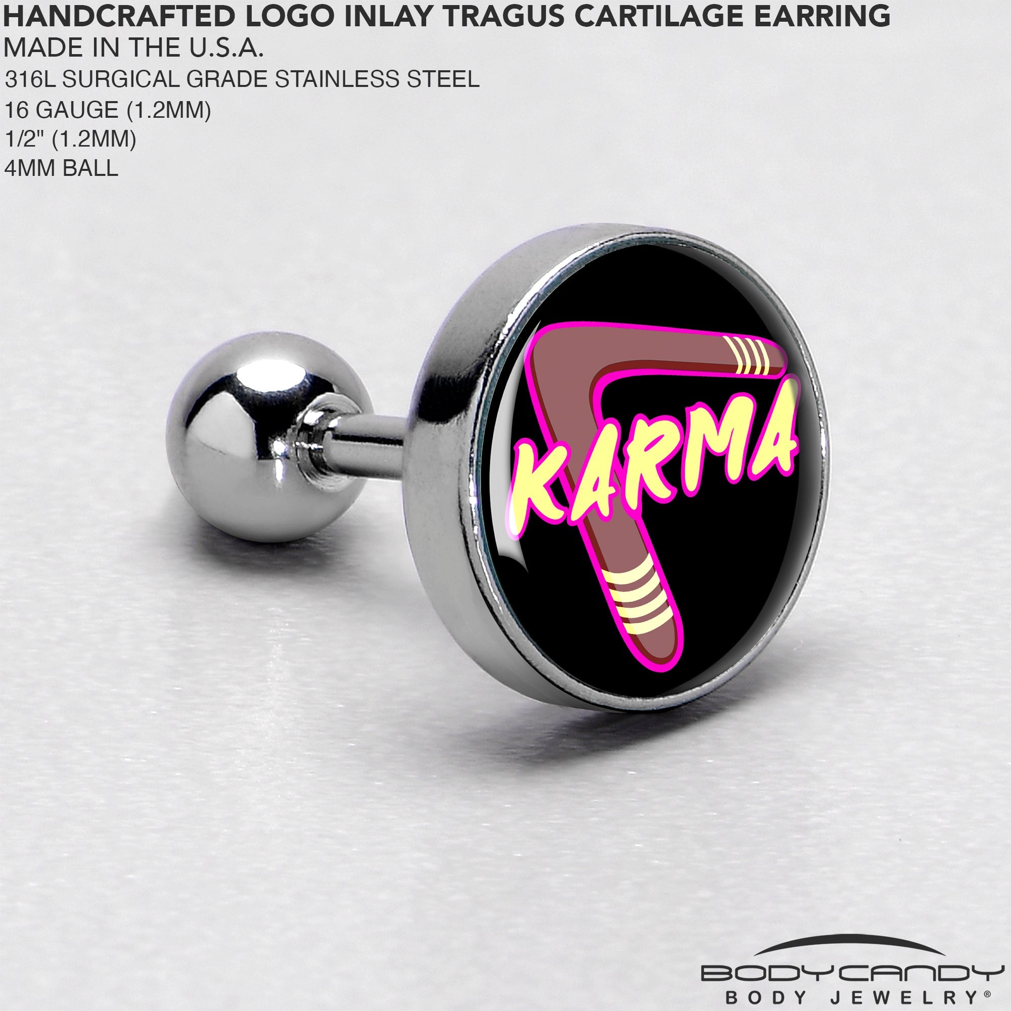 BodyCandy 16G 1/4 Karmic Boomerang Tragus Cartilage Earring by Onyx O — side view