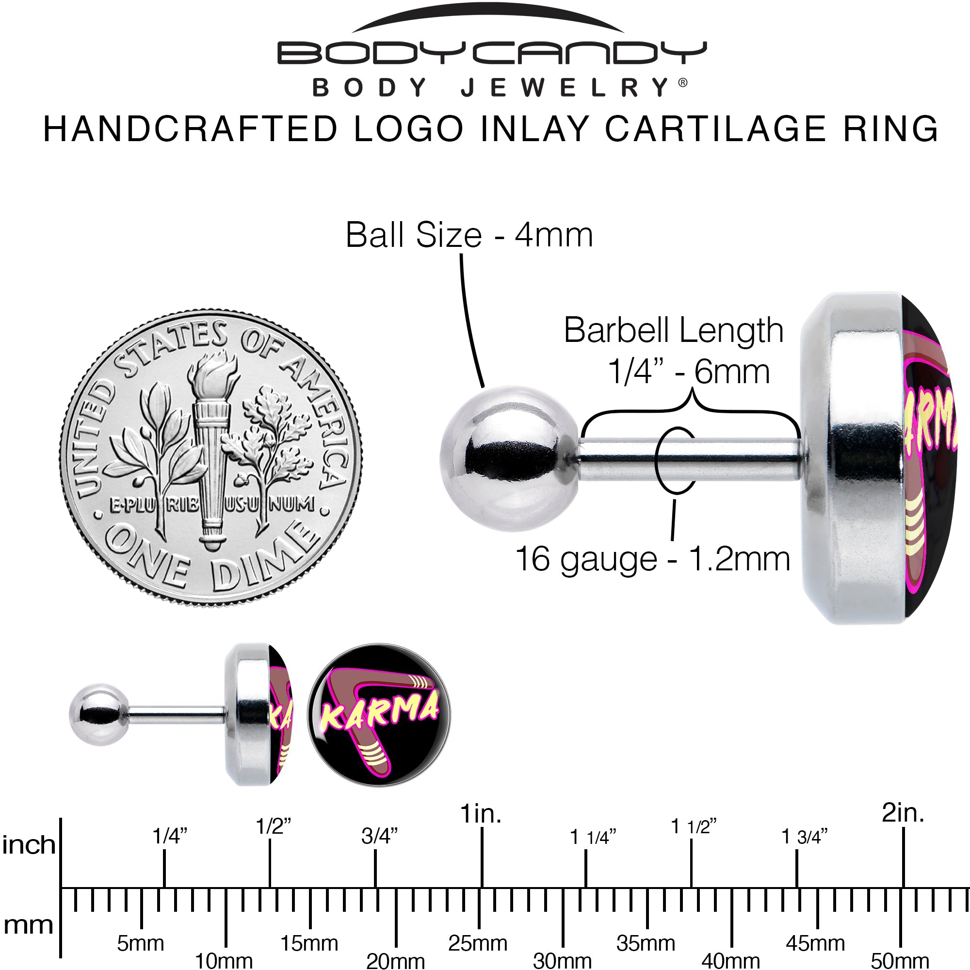 BodyCandy 16G 1/4 Karmic Boomerang Tragus Cartilage Earring by Onyx O — alternative angle