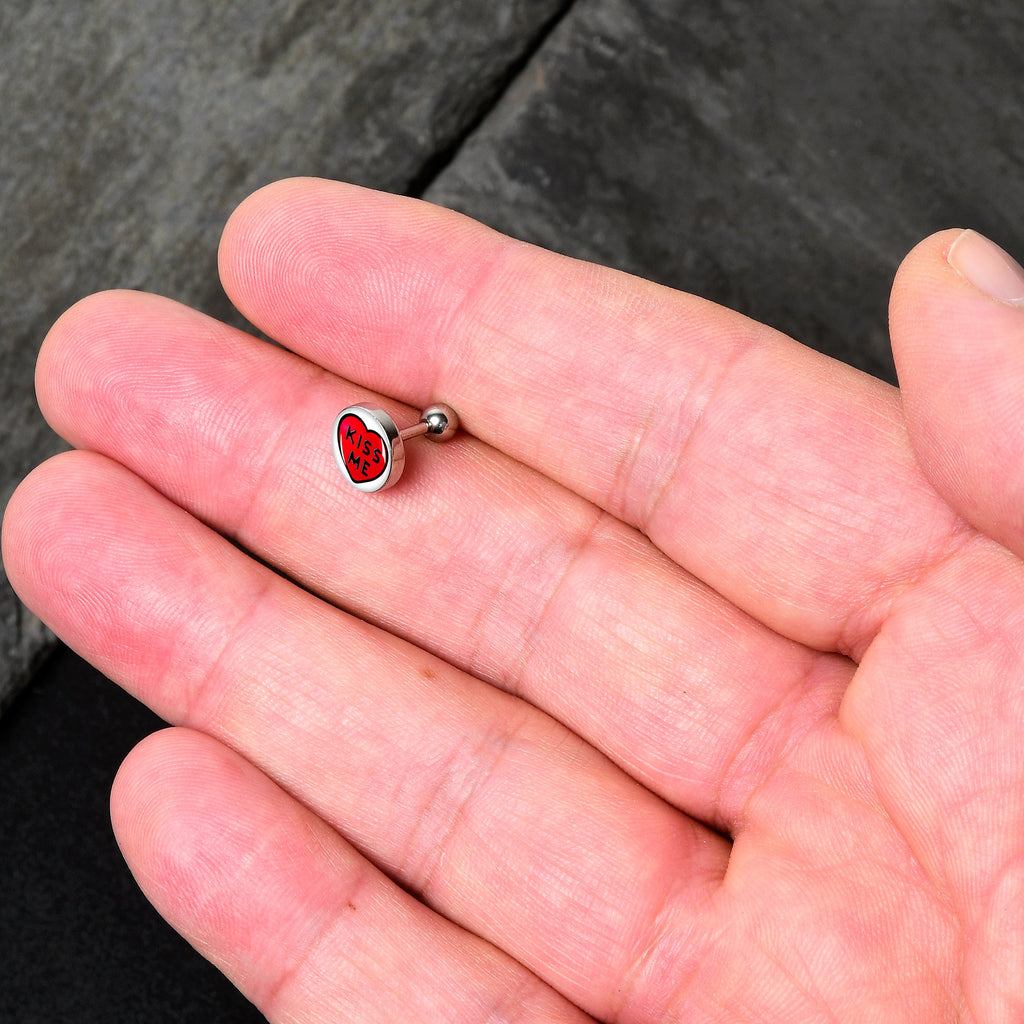 BodyCandy 16G 1/4 Kiss Me Candy Heart Cartilage Tragus Earring by Onyx O — detail close-up