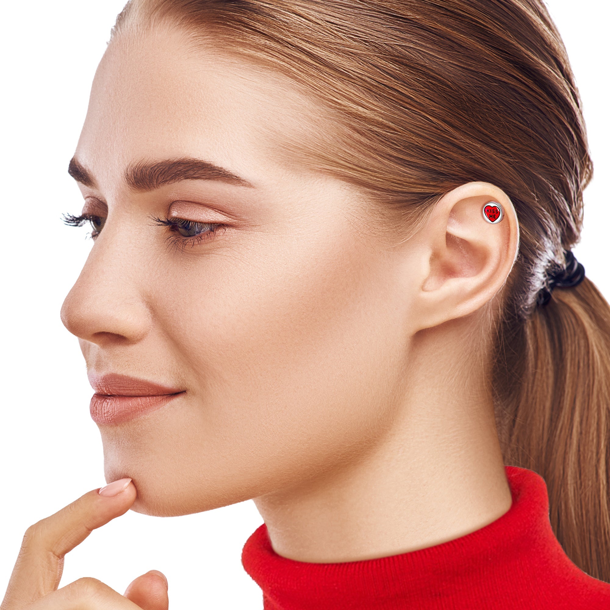 BodyCandy 16G 1/4 Kiss Me Candy Heart Cartilage Tragus Earring by Onyx O — side view