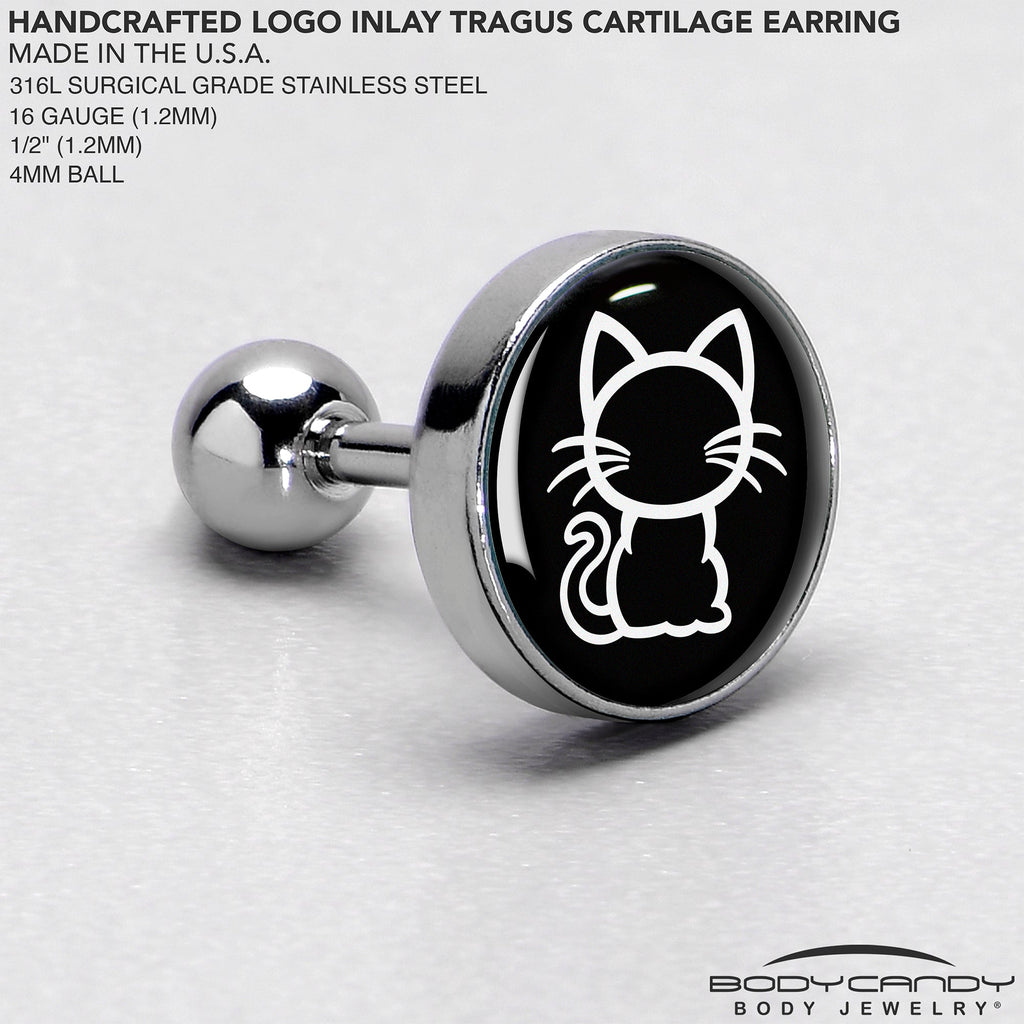 BodyCandy 16G 1/4 Black and White Kitty Cat Cartilage Tragus Earring by Onyx O — side view