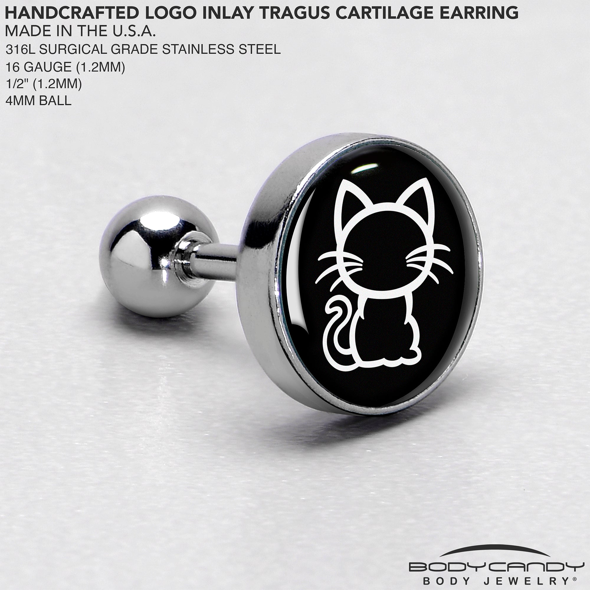 BodyCandy 16G 1/4 Black and White Kitty Cat Cartilage Tragus Earring by Onyx O — side view