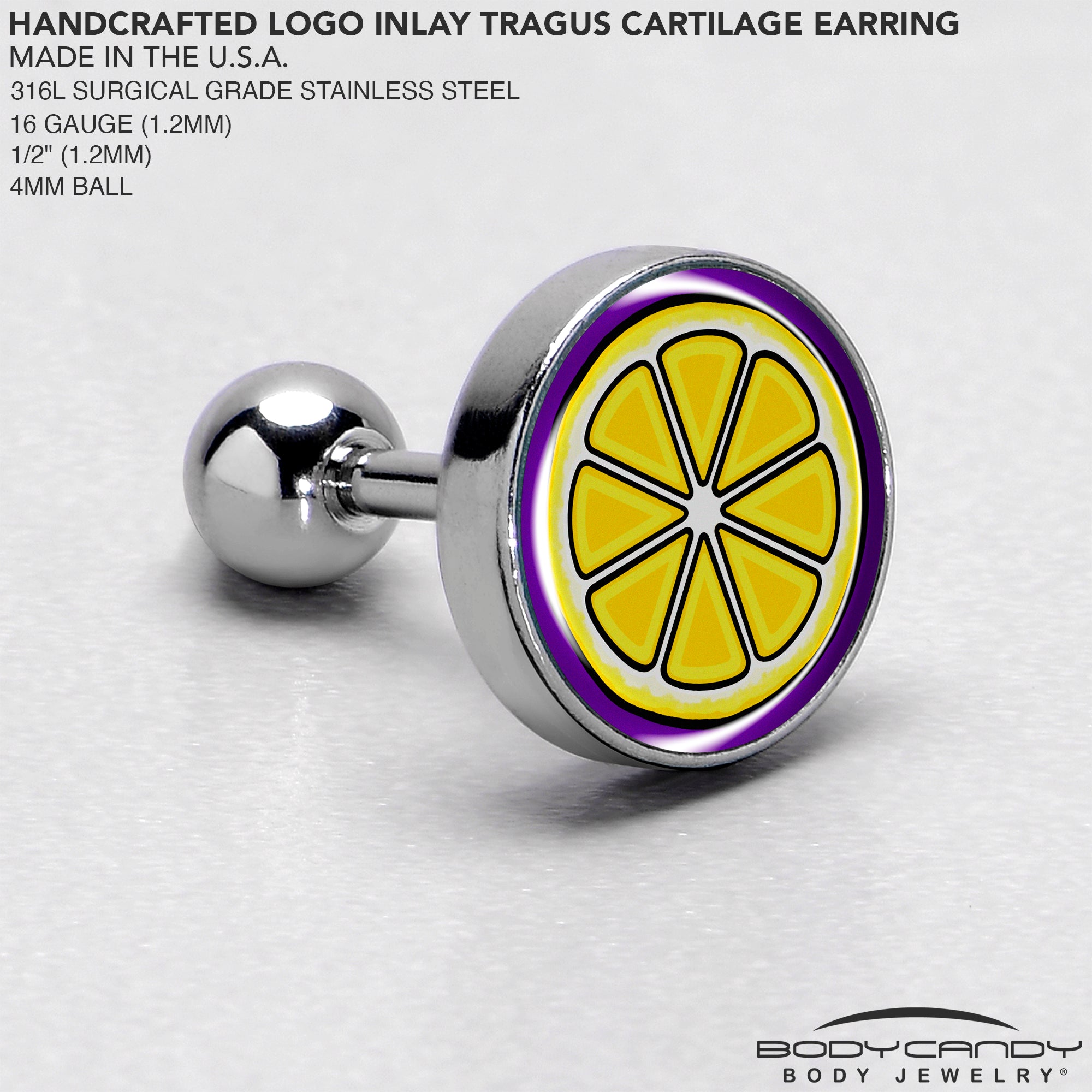 BodyCandy 16G 1/4 Yellow Slice of Lemon Tragus Cartilage Earring by Onyx O — side view