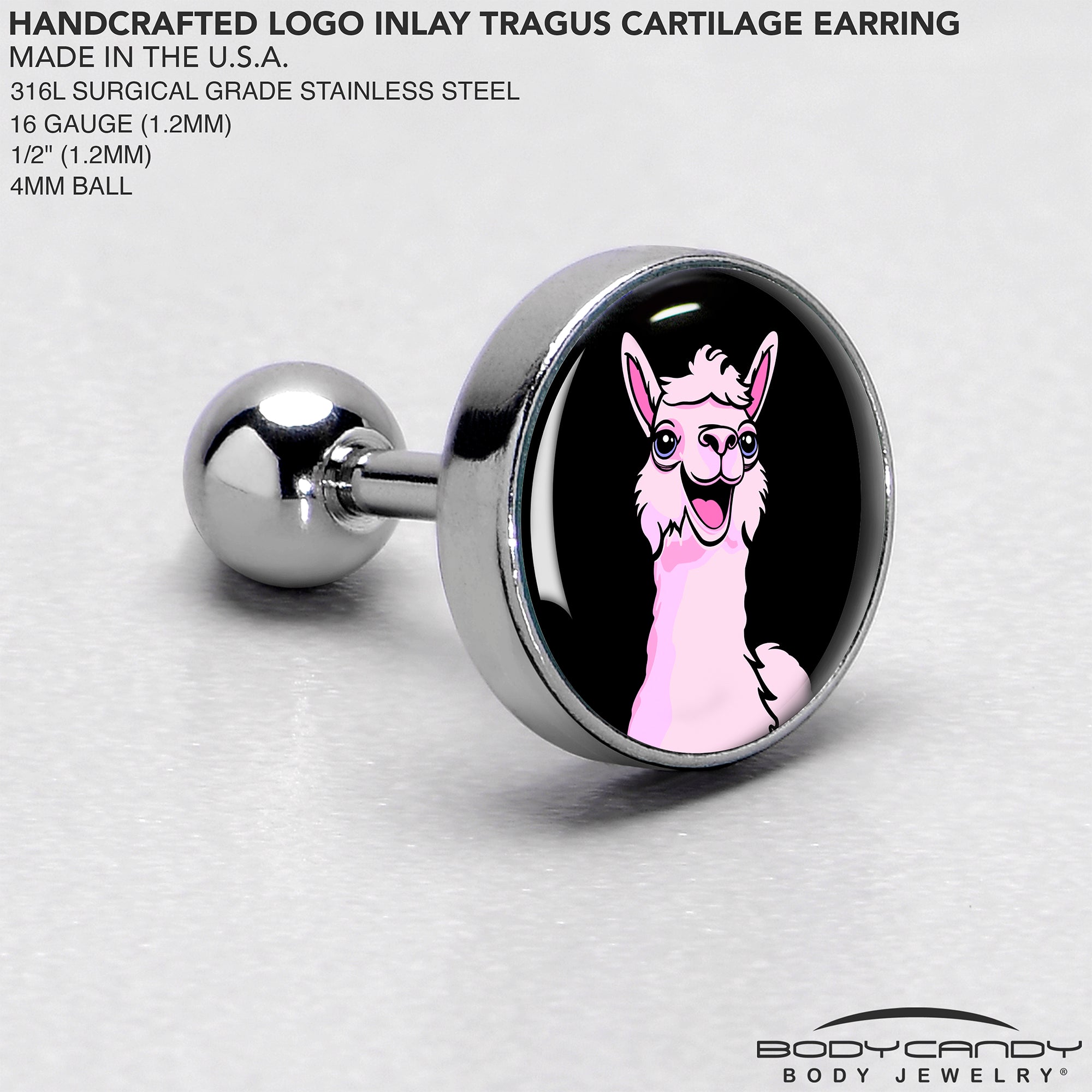 BodyCandy 16G 1/4 Pink Happy Llama Cartilage Tragus Earring by Onyx O — side view